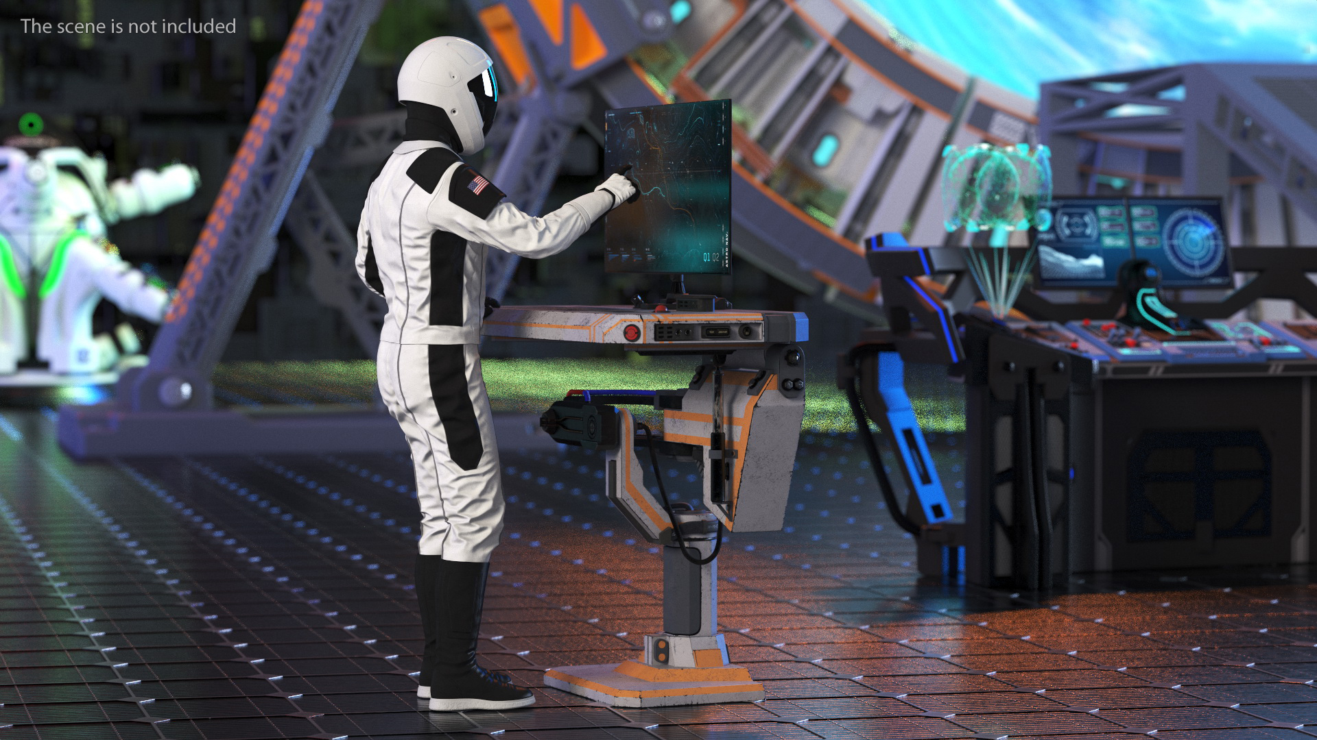 An Astronaut Examines Data from Sci-fi Computer 3D