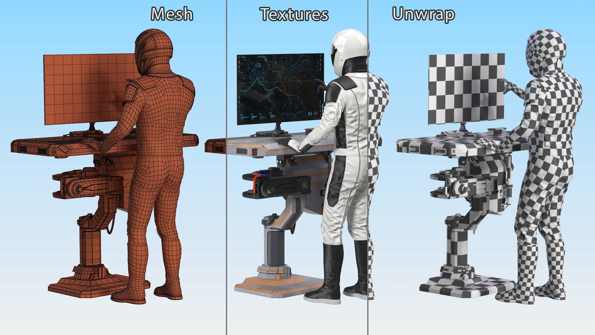 An Astronaut Examines Data from Sci-fi Computer 3D