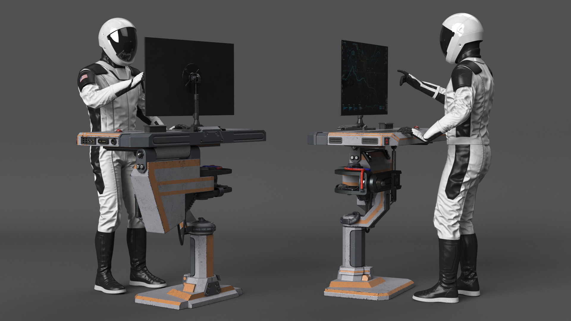 An Astronaut Examines Data from Sci-fi Computer 3D