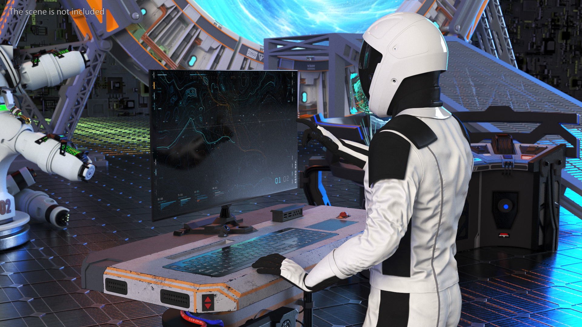 An Astronaut Examines Data from Sci-fi Computer 3D
