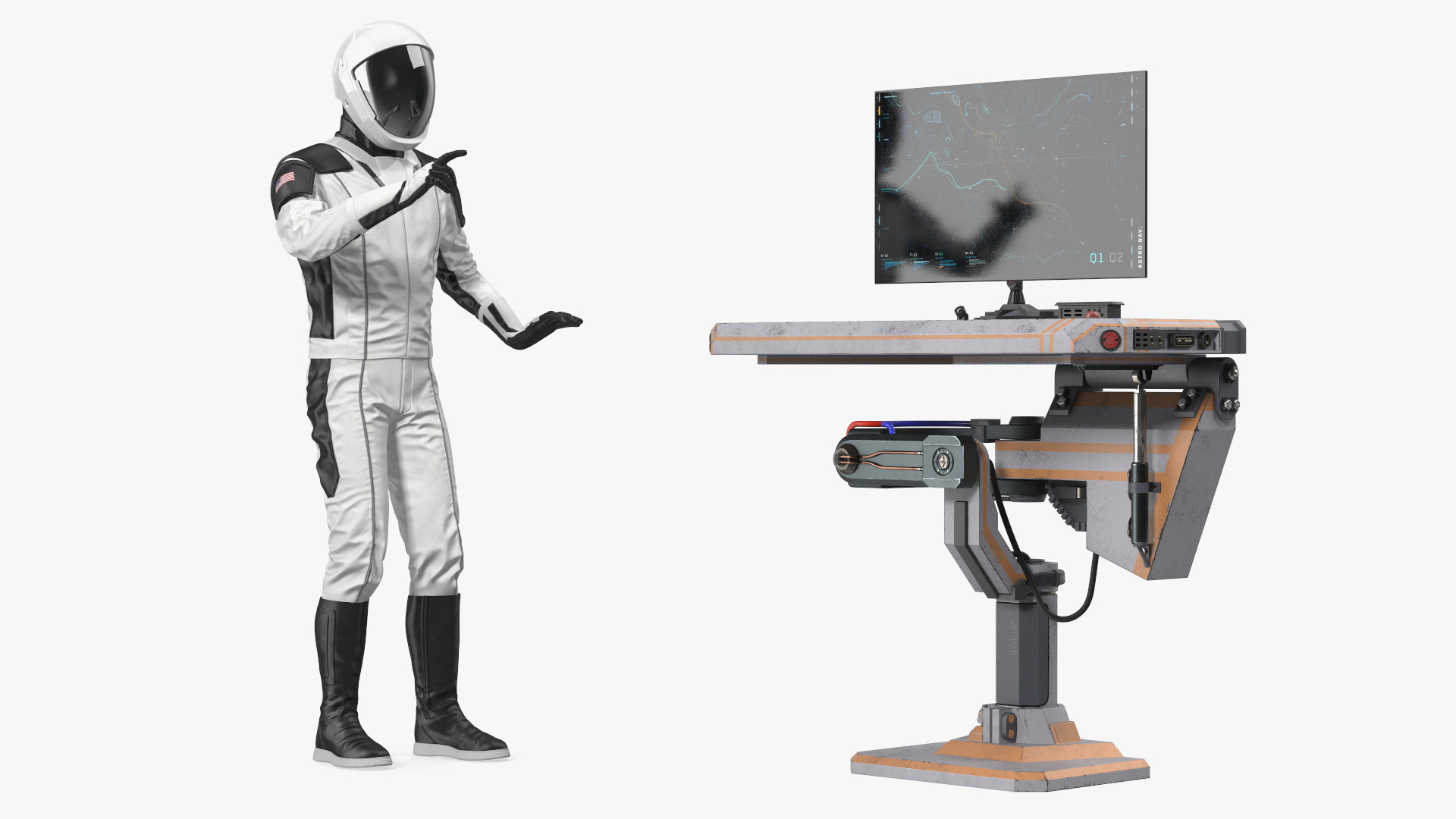 An Astronaut Examines Data from Sci-fi Computer 3D