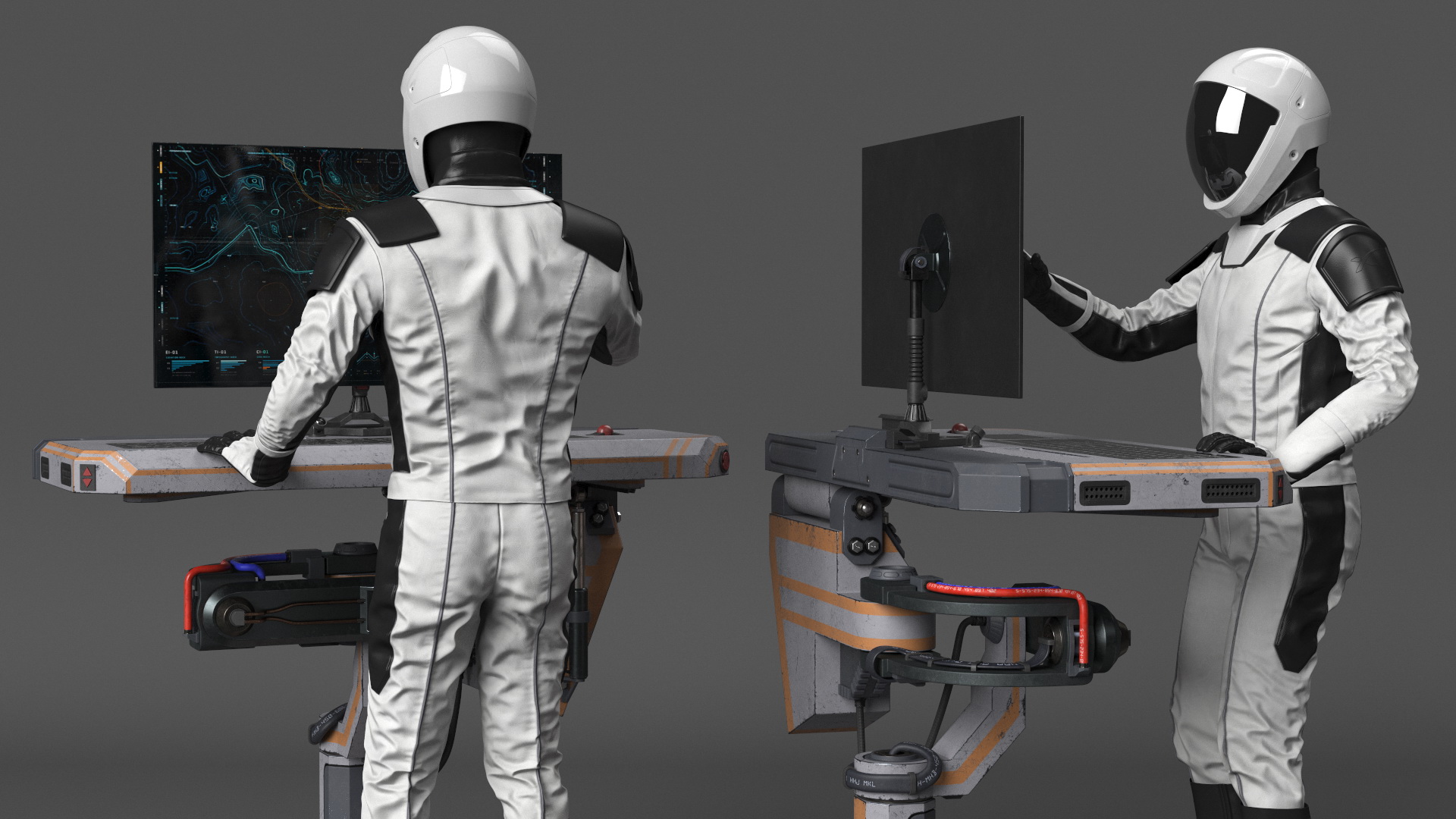 An Astronaut Examines Data from Sci-fi Computer 3D