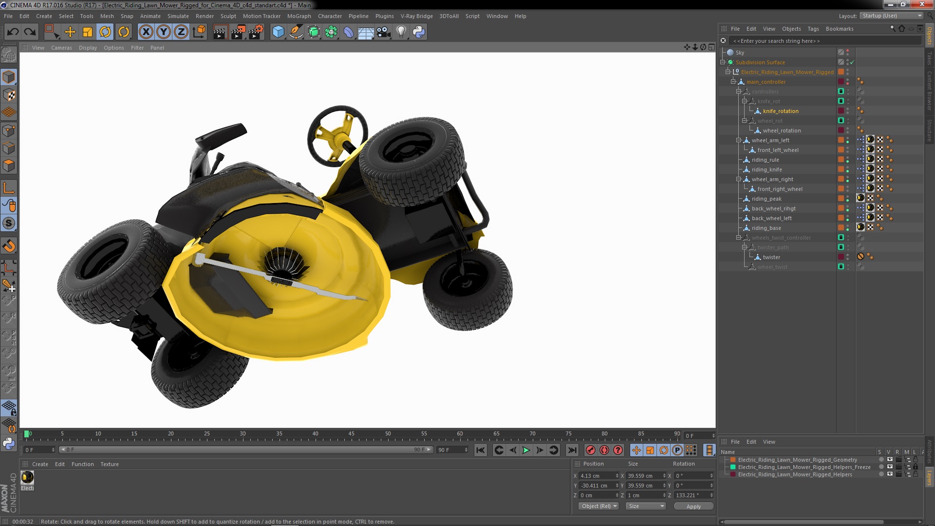 Electric Riding Lawn Mower Rigged for Cinema 4D 3D