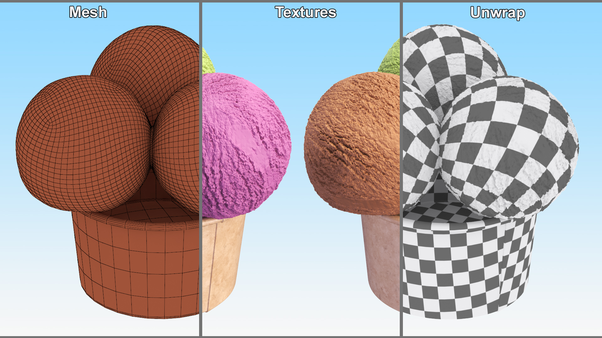 3D model Multicolored Ice Cream Balls in Cardboard Cup