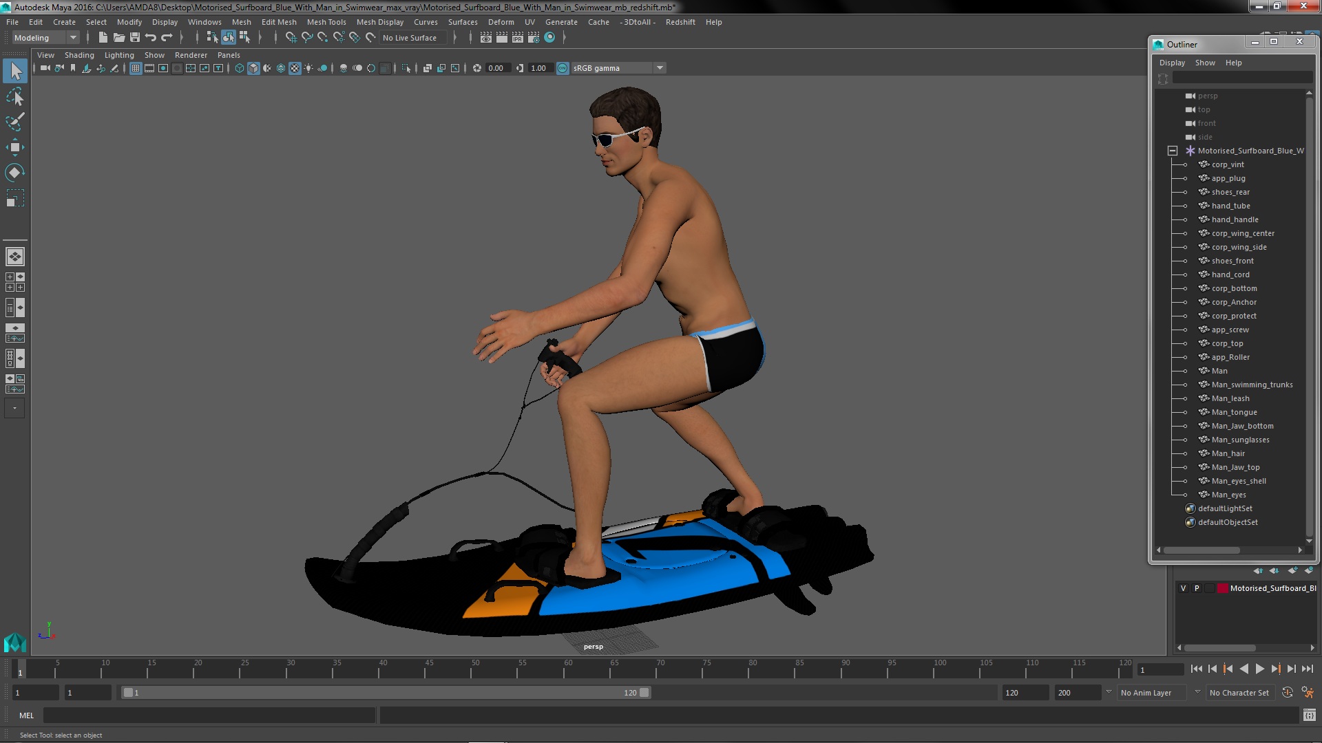 3D model Motorised Surfboard Blue With Man in Swimwear