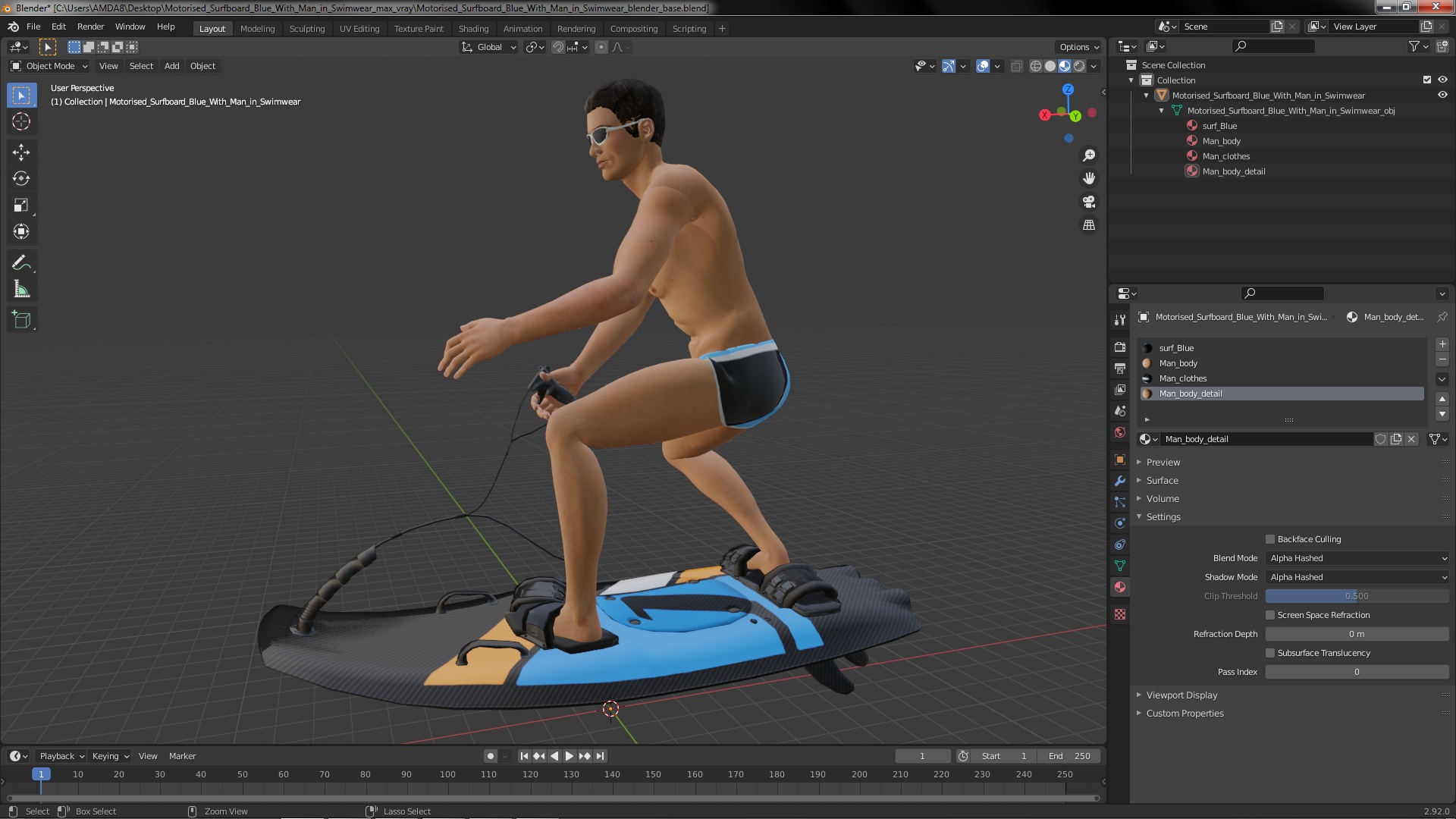 3D model Motorised Surfboard Blue With Man in Swimwear