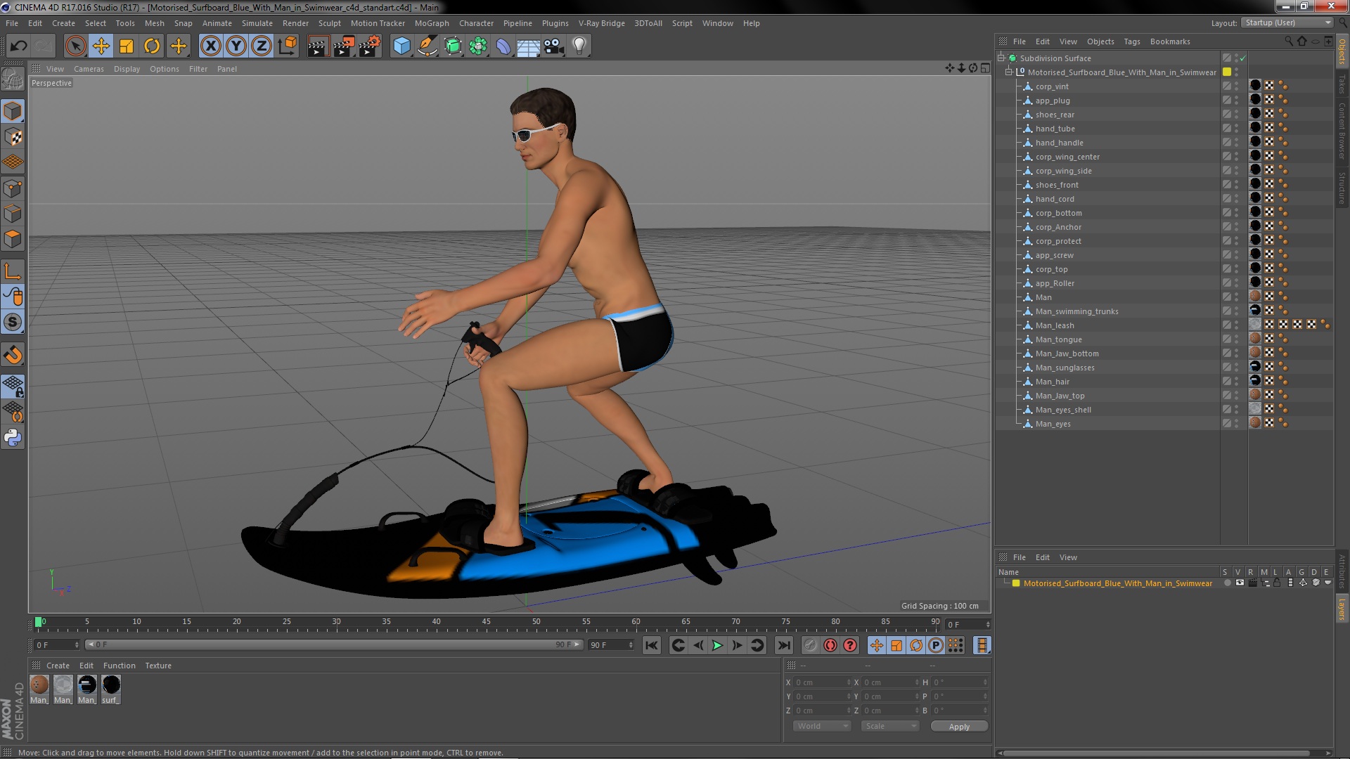 3D model Motorised Surfboard Blue With Man in Swimwear