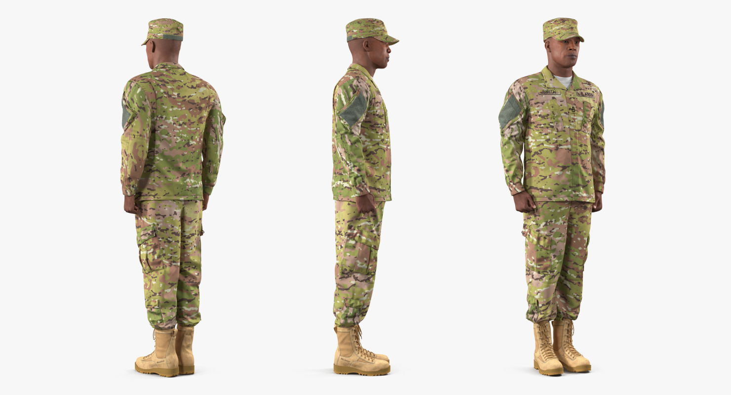 3D model African-American US Soldier Standing at Attention Camouflage