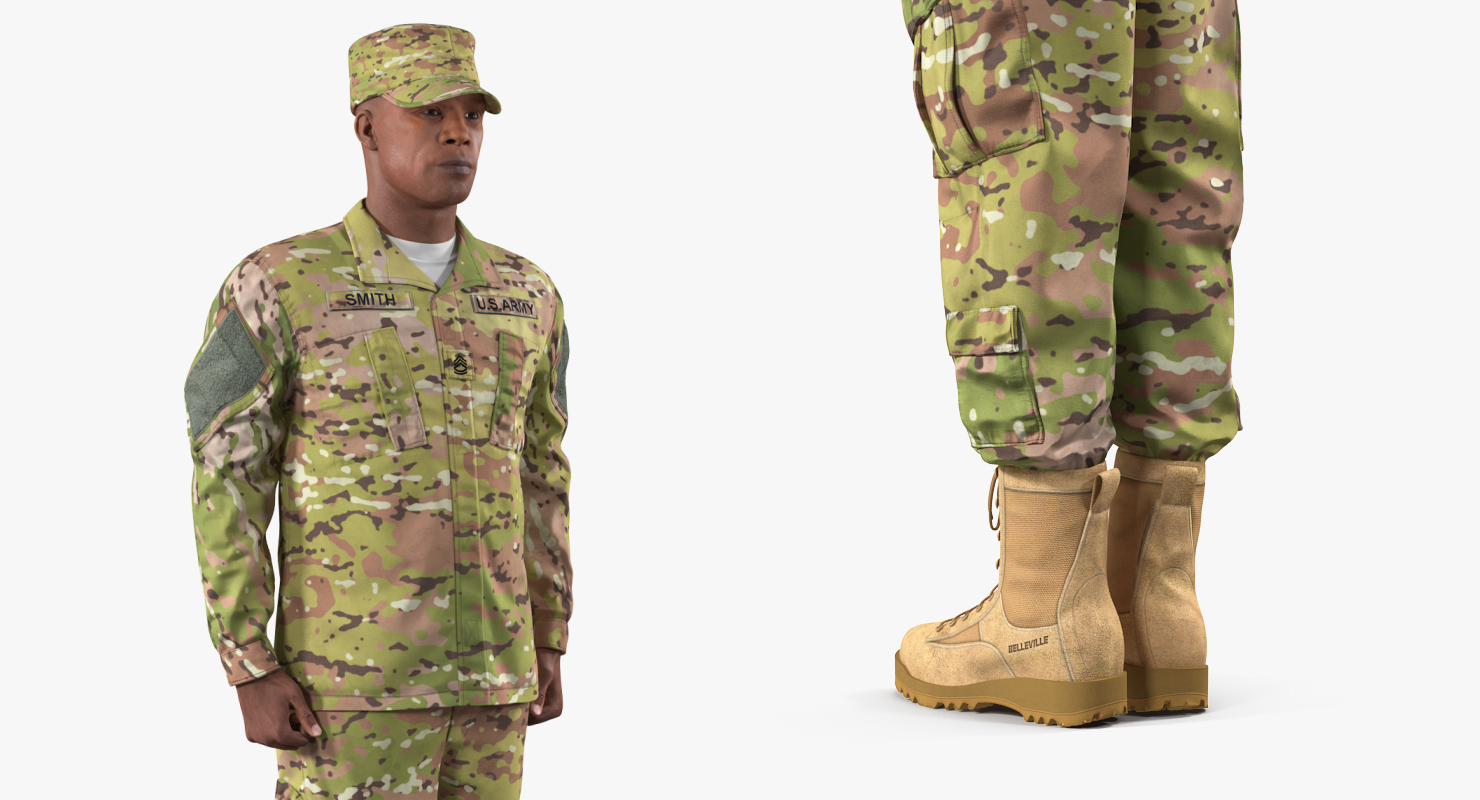 3D model African-American US Soldier Standing at Attention Camouflage