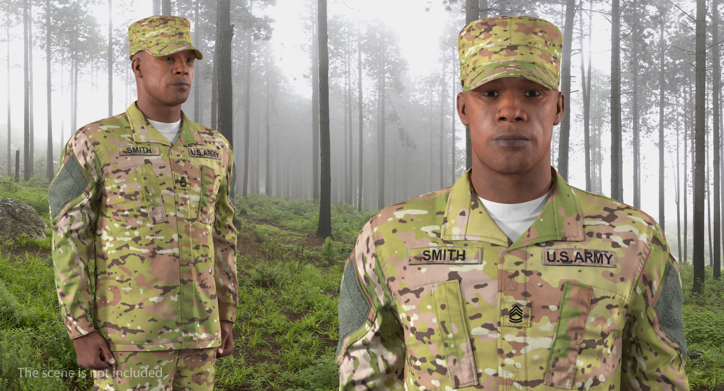 3D model African-American US Soldier Standing at Attention Camouflage