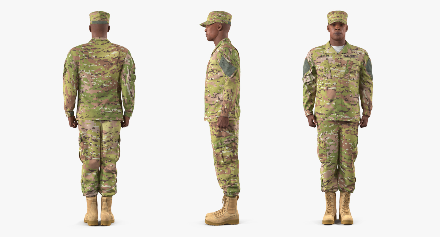 3D model African-American US Soldier Standing at Attention Camouflage
