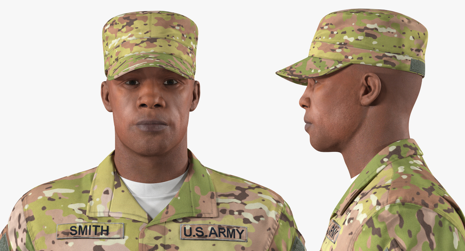 3D model African-American US Soldier Standing at Attention Camouflage