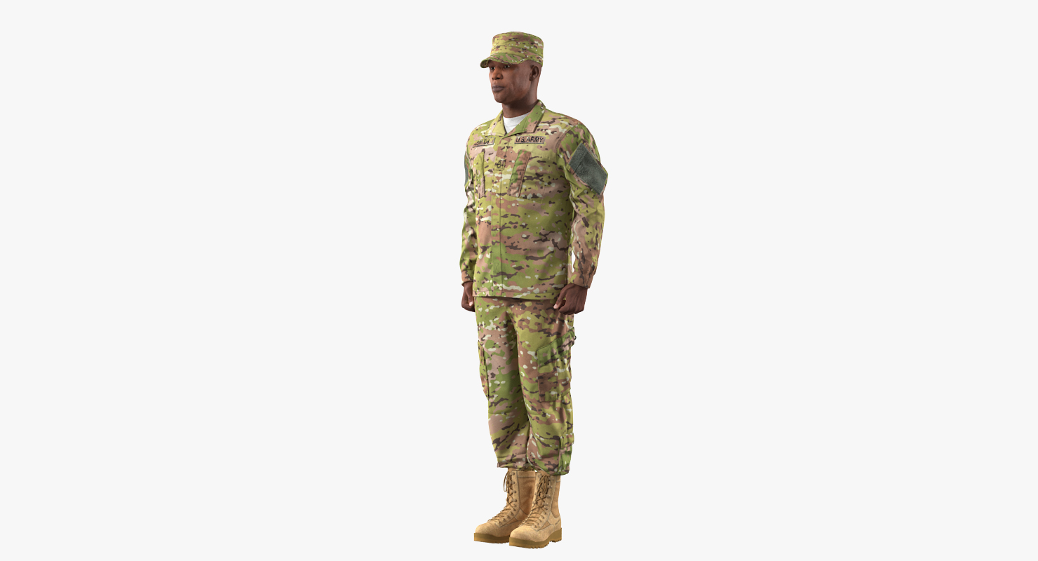 3D model African-American US Soldier Standing at Attention Camouflage