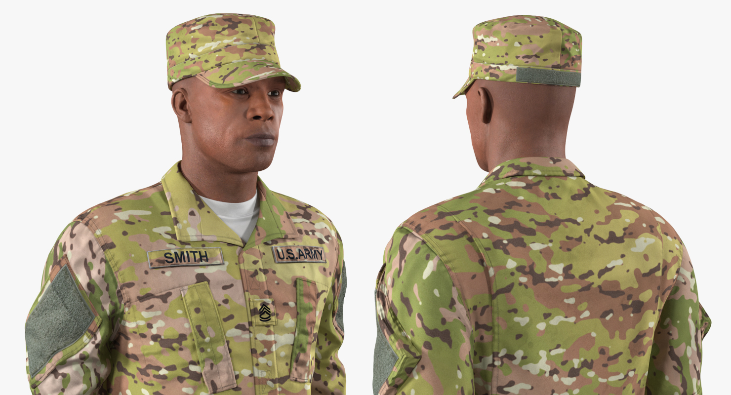 3D model African-American US Soldier Standing at Attention Camouflage