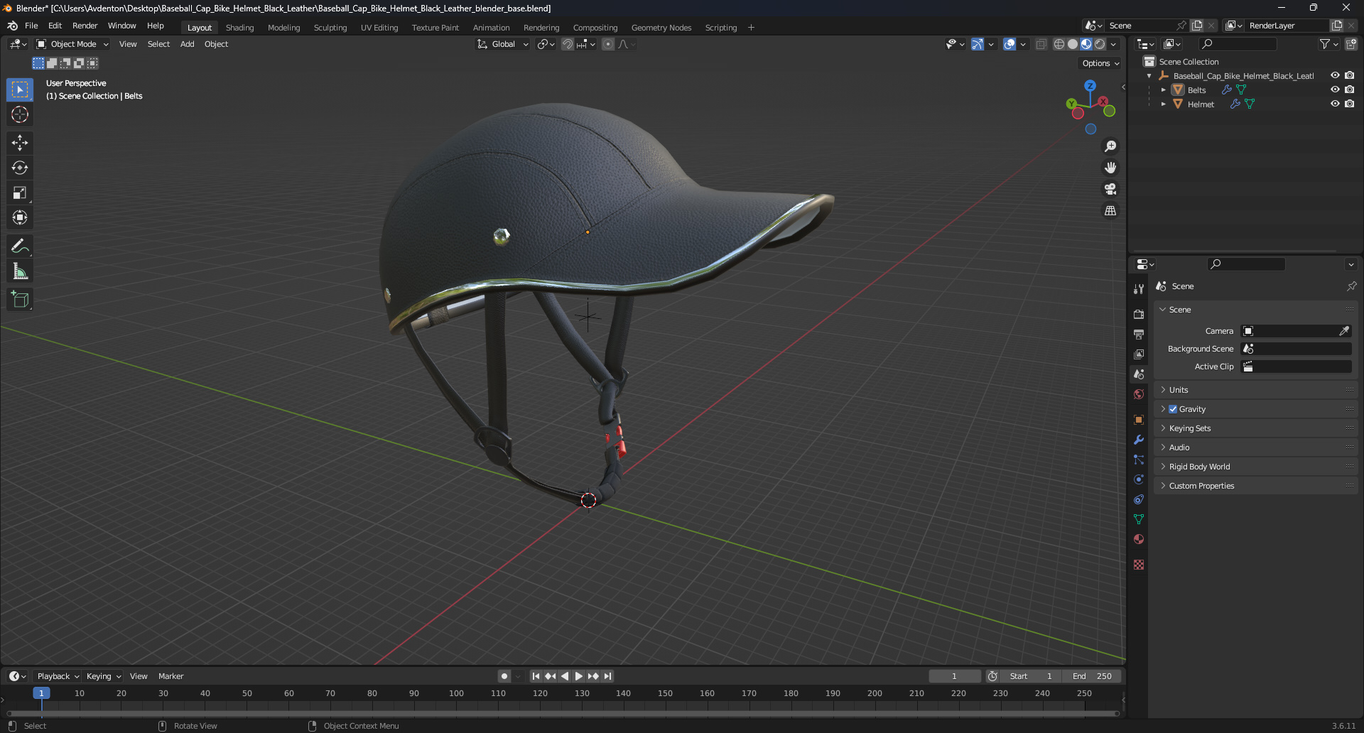 3D Baseball Cap Bike Helmet Black Leather model