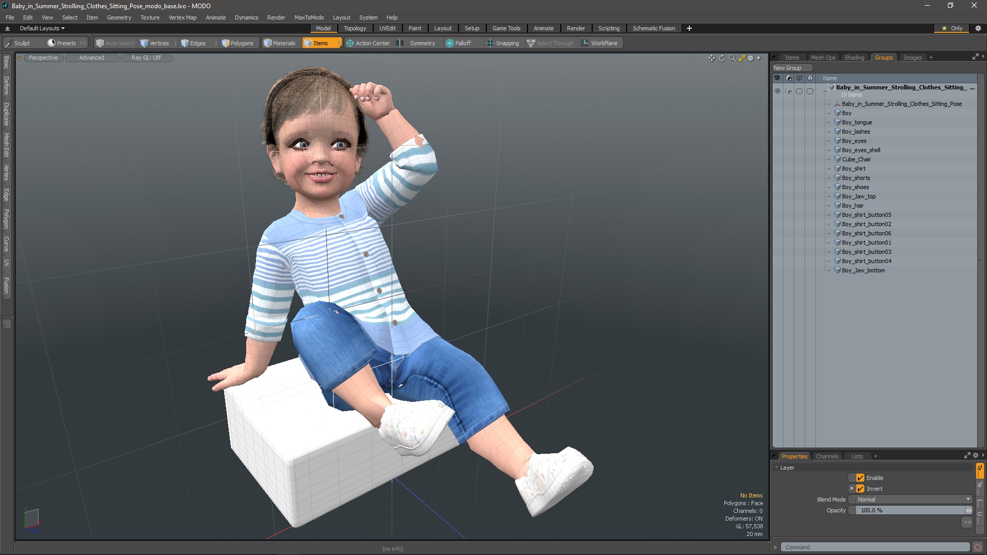 3D model Baby in Summer Strolling Clothes Sitting Pose
