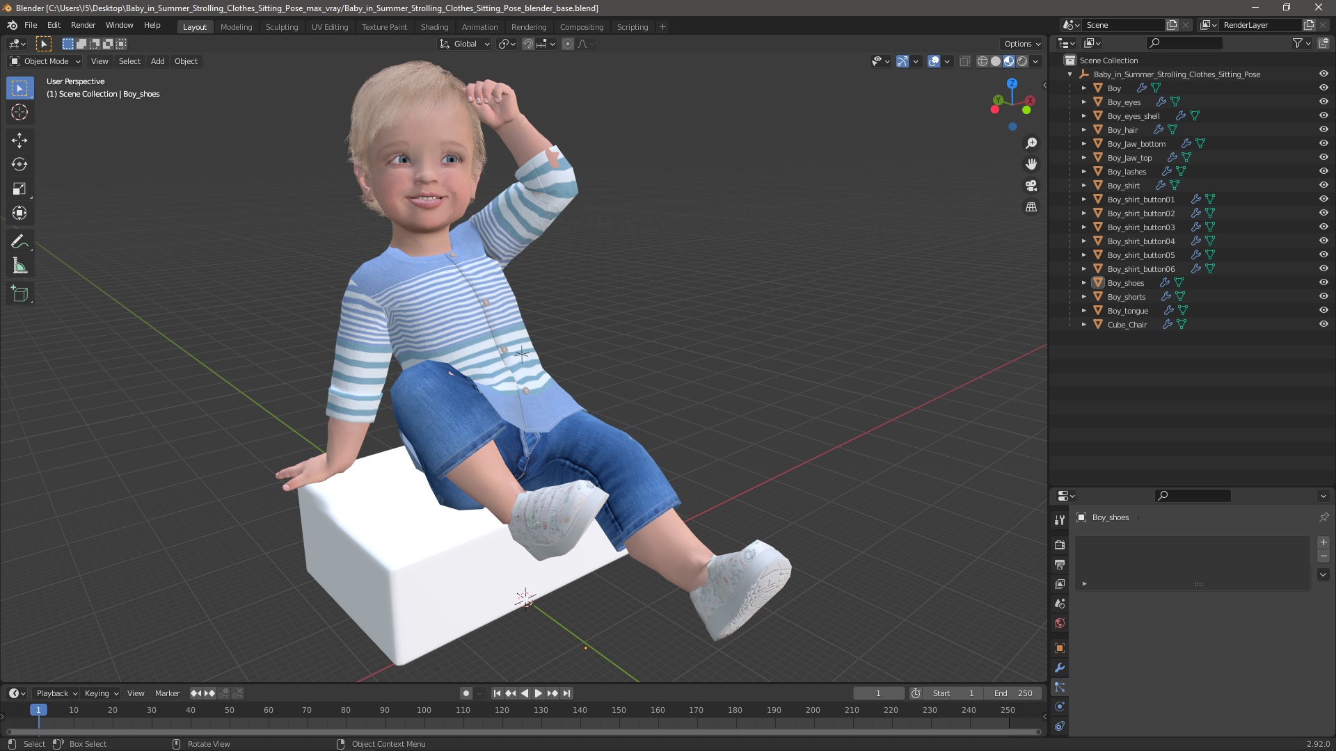 3D model Baby in Summer Strolling Clothes Sitting Pose