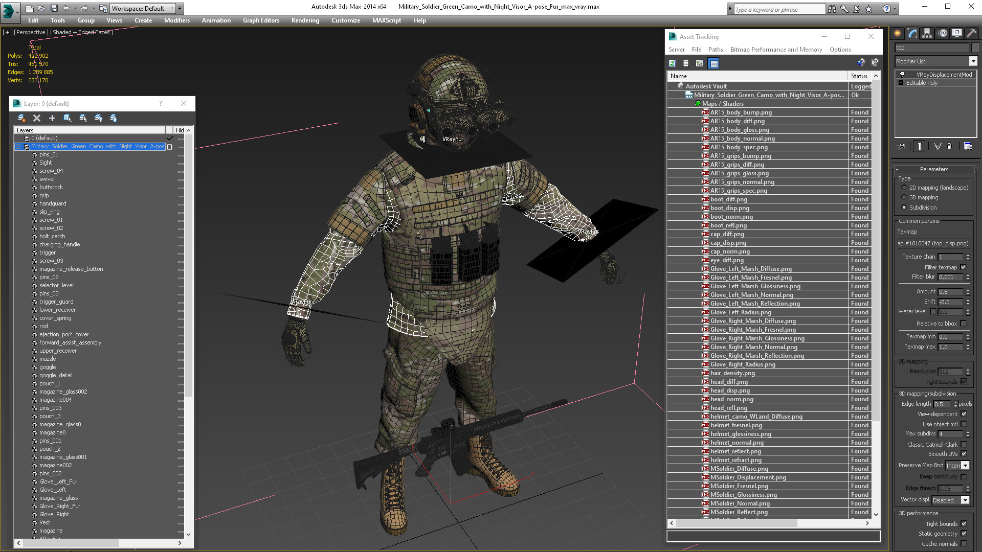 3D model Military Soldier Green Camo with Night Visor A-pose Fur
