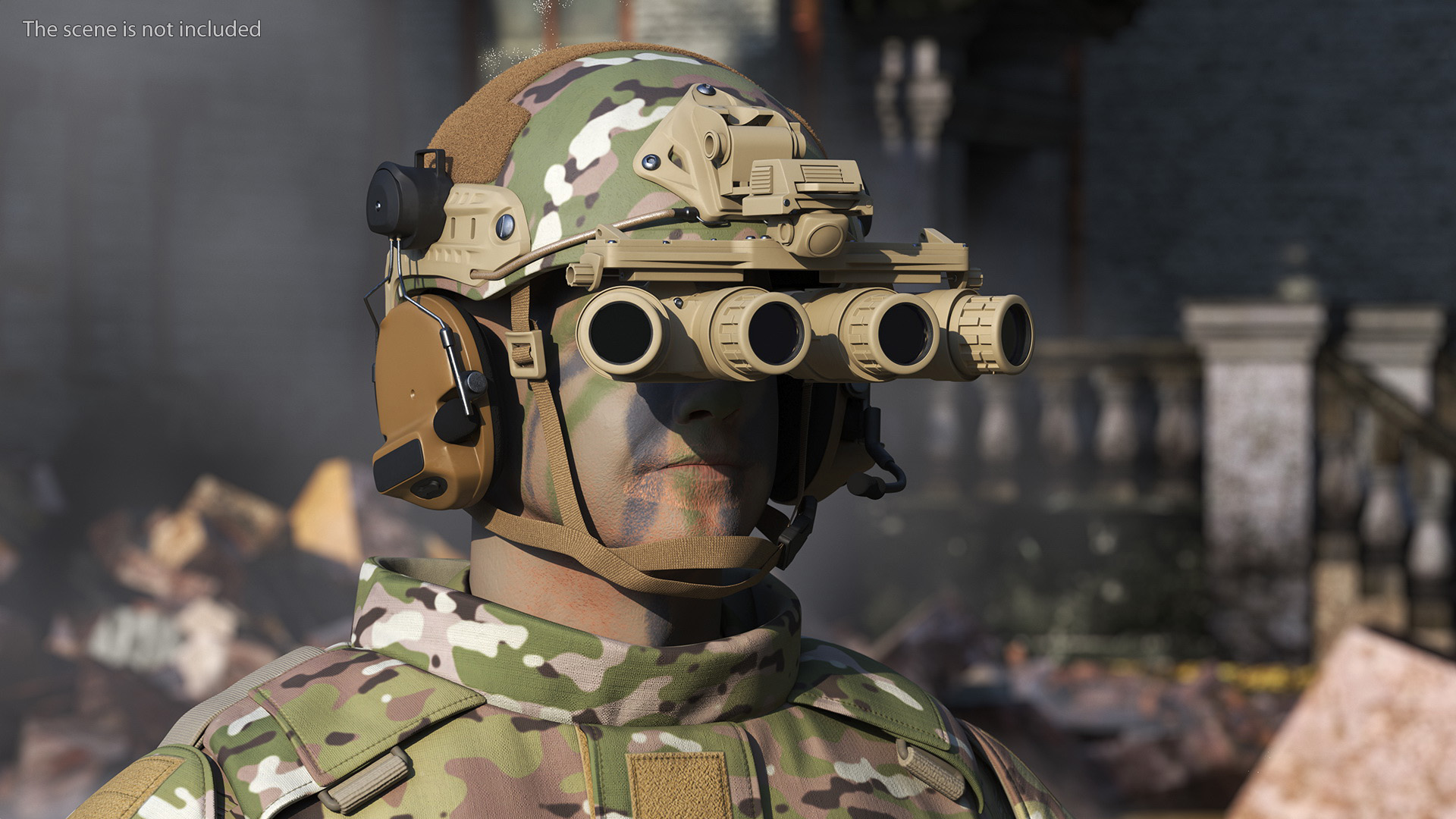 3D model Military Soldier Green Camo with Night Visor A-pose Fur