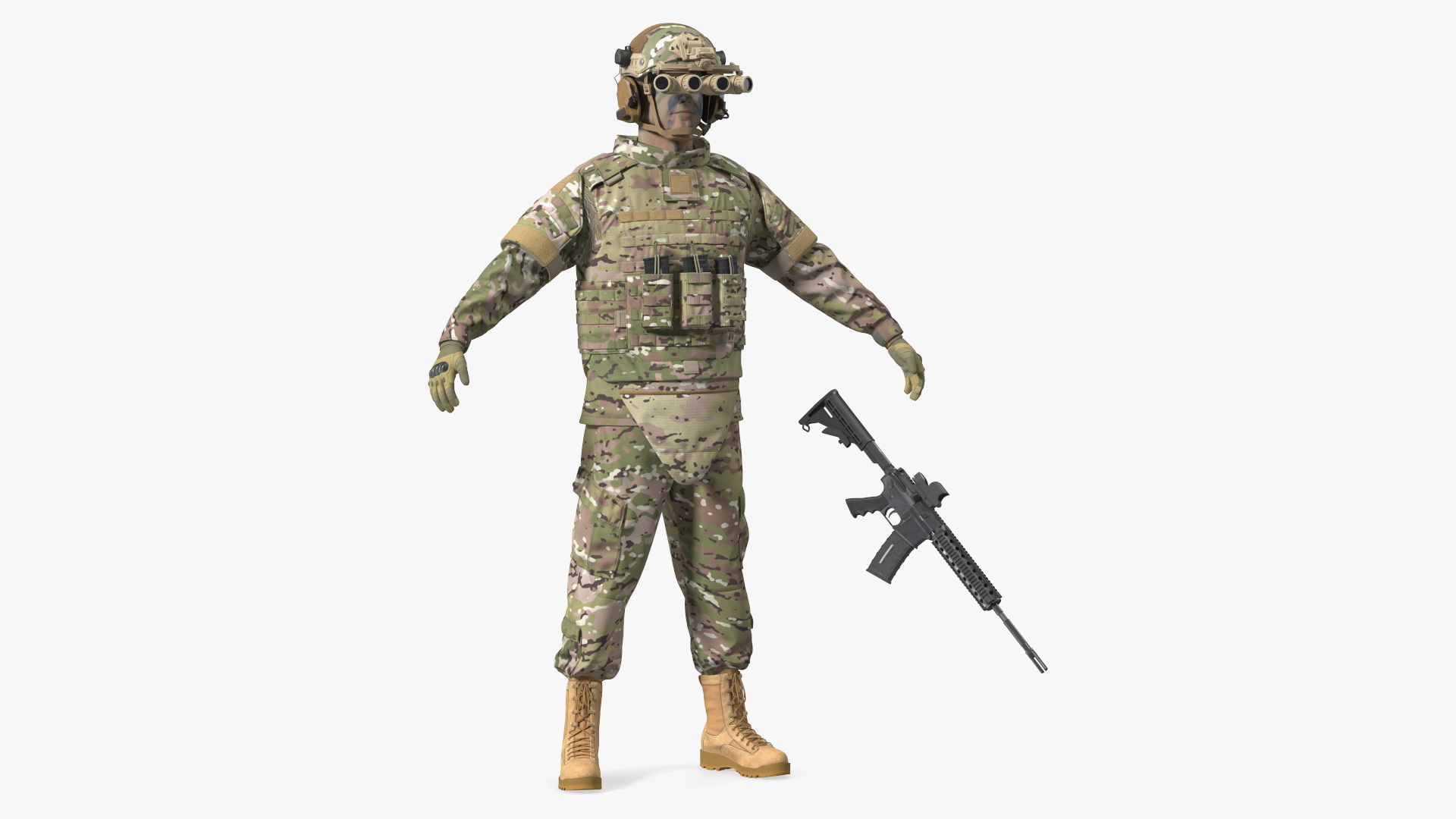 3D model Military Soldier Green Camo with Night Visor A-pose Fur
