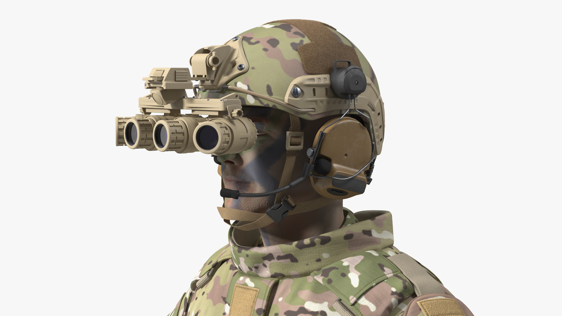 3D model Military Soldier Green Camo with Night Visor A-pose Fur