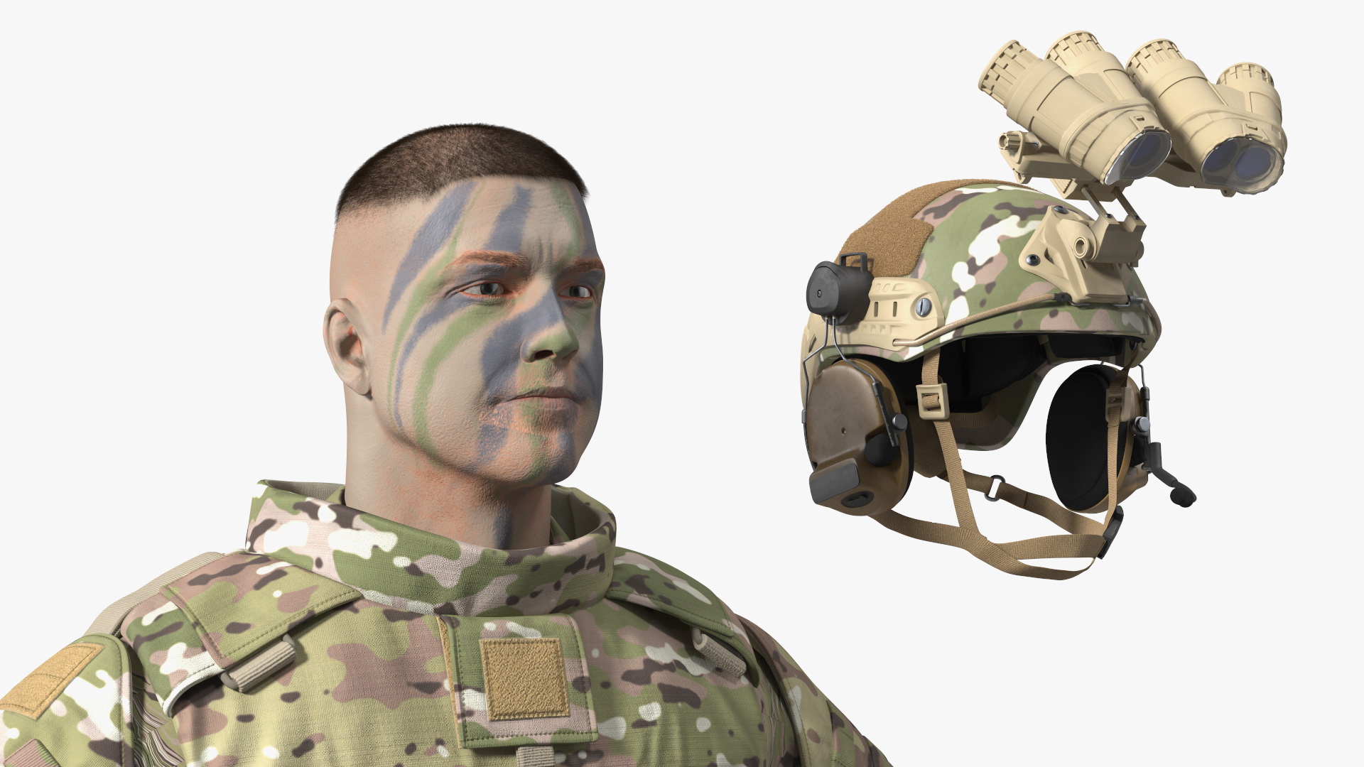 3D model Military Soldier Green Camo with Night Visor A-pose Fur