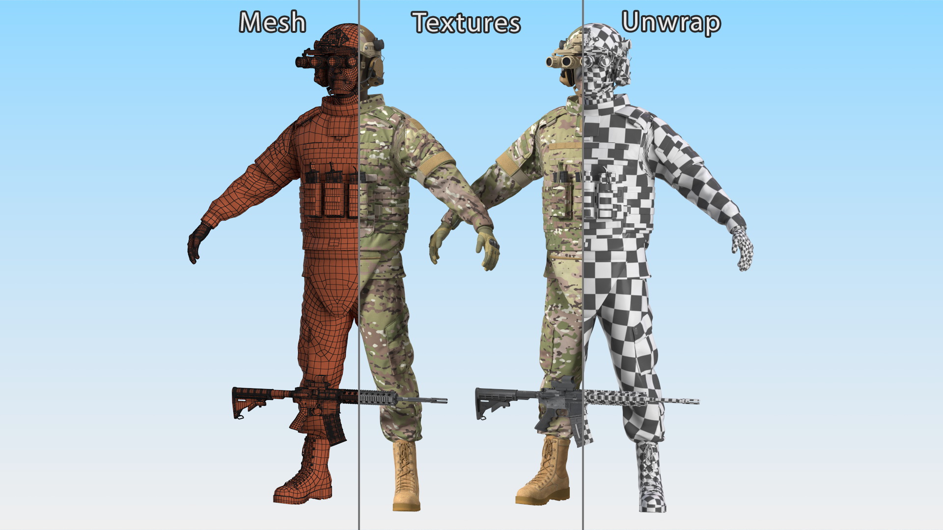 3D model Military Soldier Green Camo with Night Visor A-pose Fur