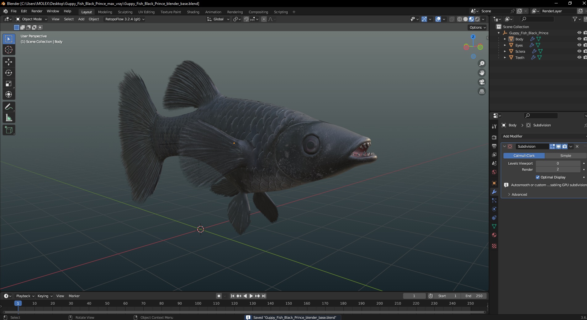 3D Guppy Fish Black Prince model