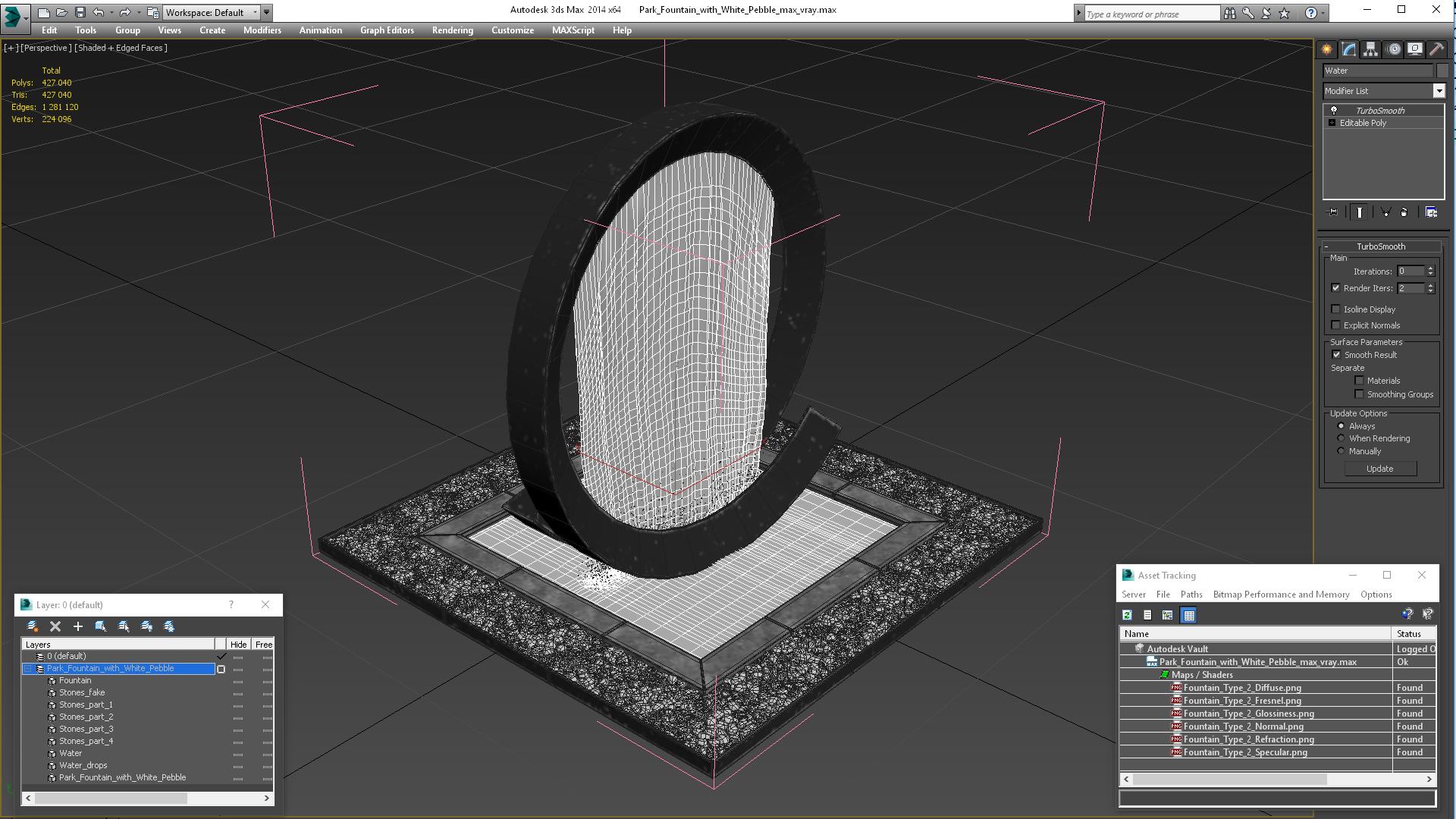 3D Park Fountain with White Pebble