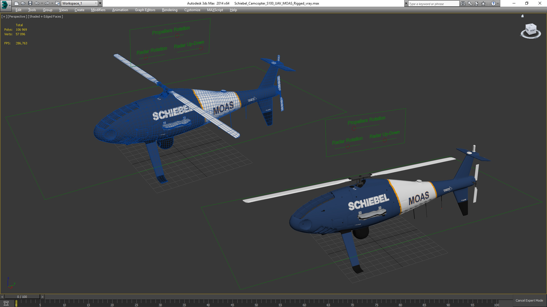 Schiebel Camcopter S100 UAV MOAS Rigged 3D model