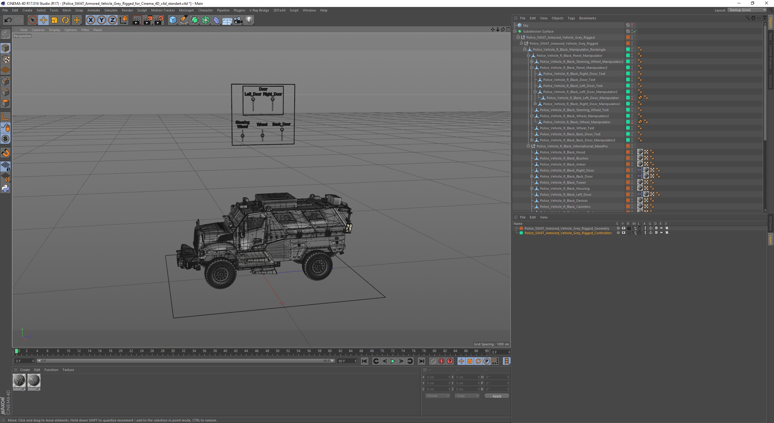 3D Police SWAT Armored Vehicle Grey Rigged for Cinema 4D model
