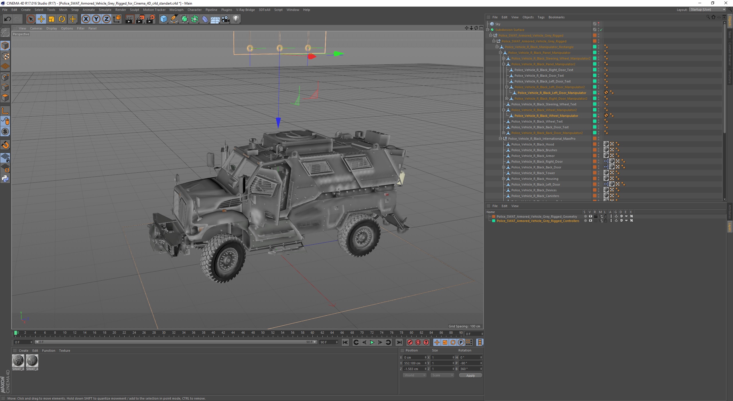 3D Police SWAT Armored Vehicle Grey Rigged for Cinema 4D model