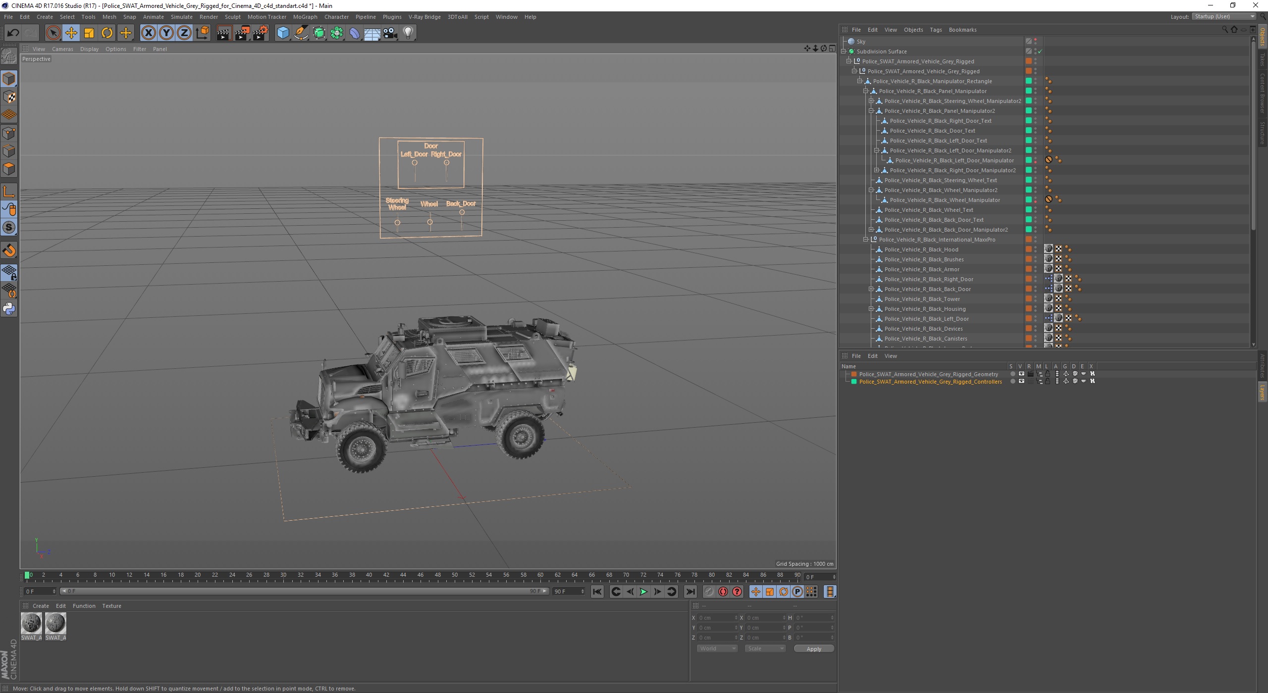 3D Police SWAT Armored Vehicle Grey Rigged for Cinema 4D model