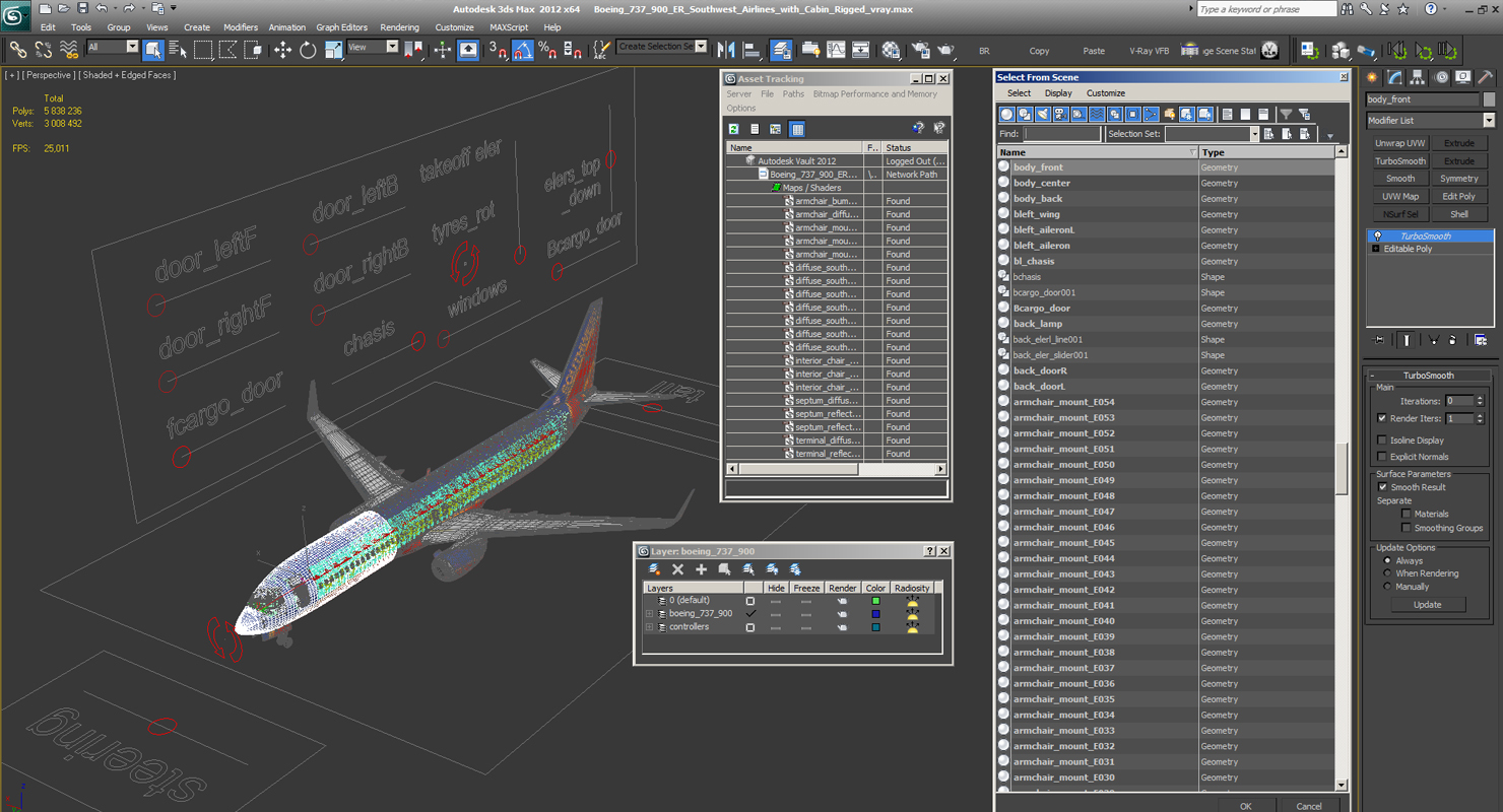 Boeing 737 900 ER Southwest Airlines with Cabin Rigged 3D model