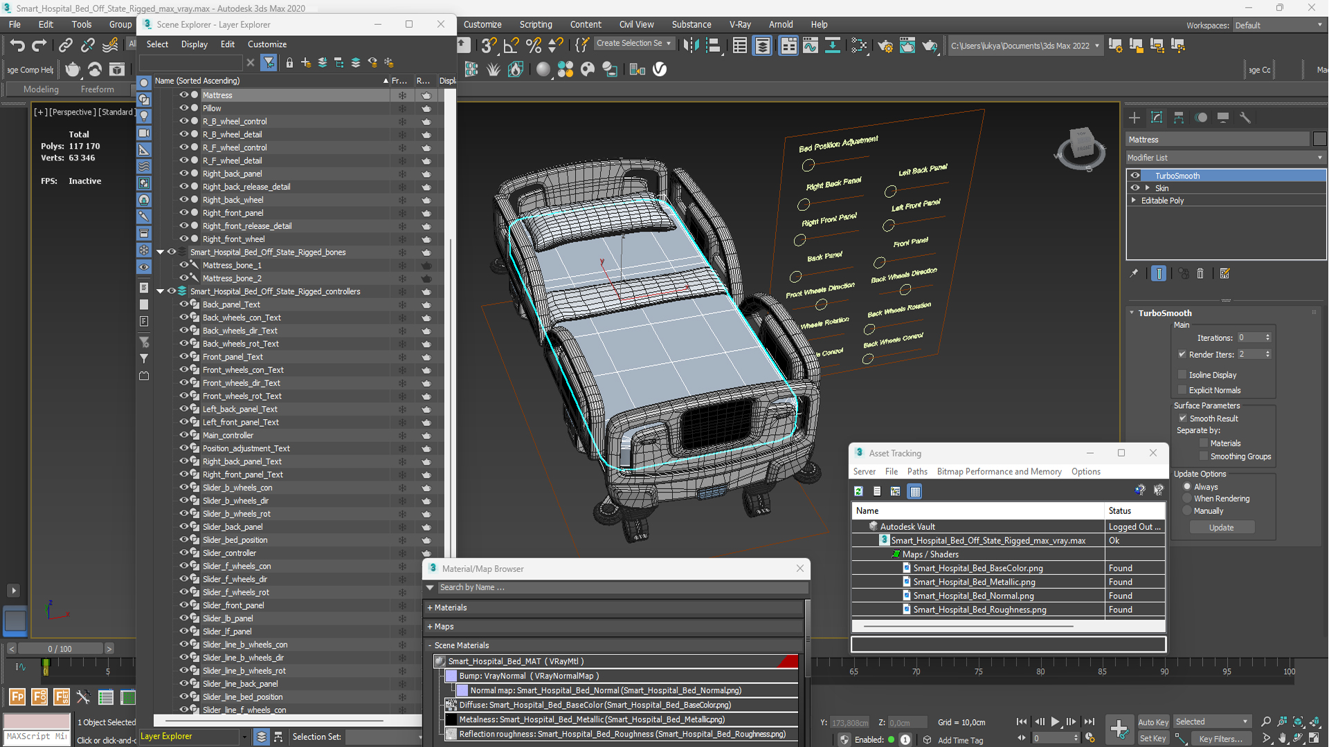 Smart Hospital Bed Off State Rigged for Maya 3D model