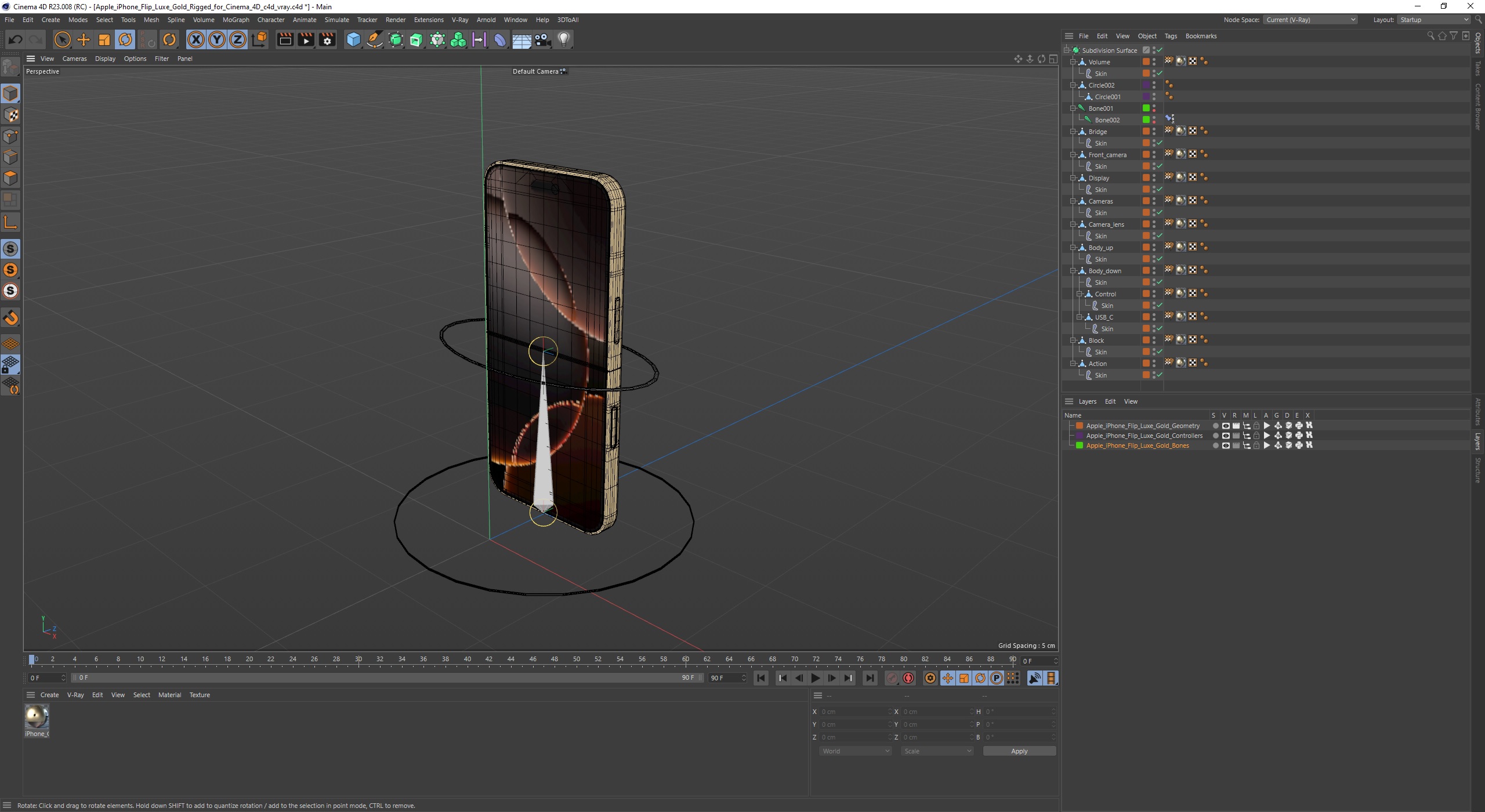 3D Apple iPhone Flip Luxe Gold Rigged for Cinema 4D model