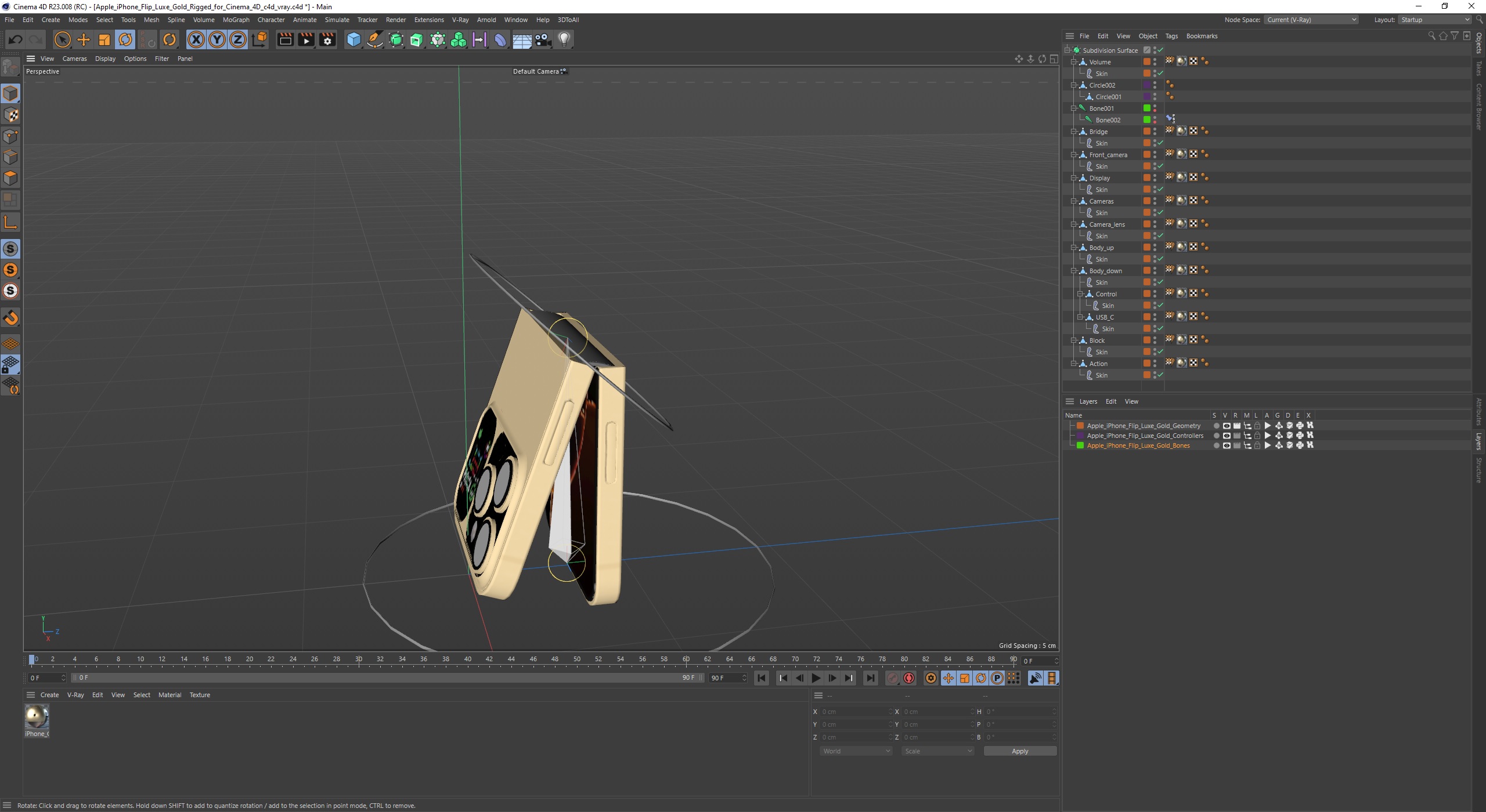 3D Apple iPhone Flip Luxe Gold Rigged for Cinema 4D model