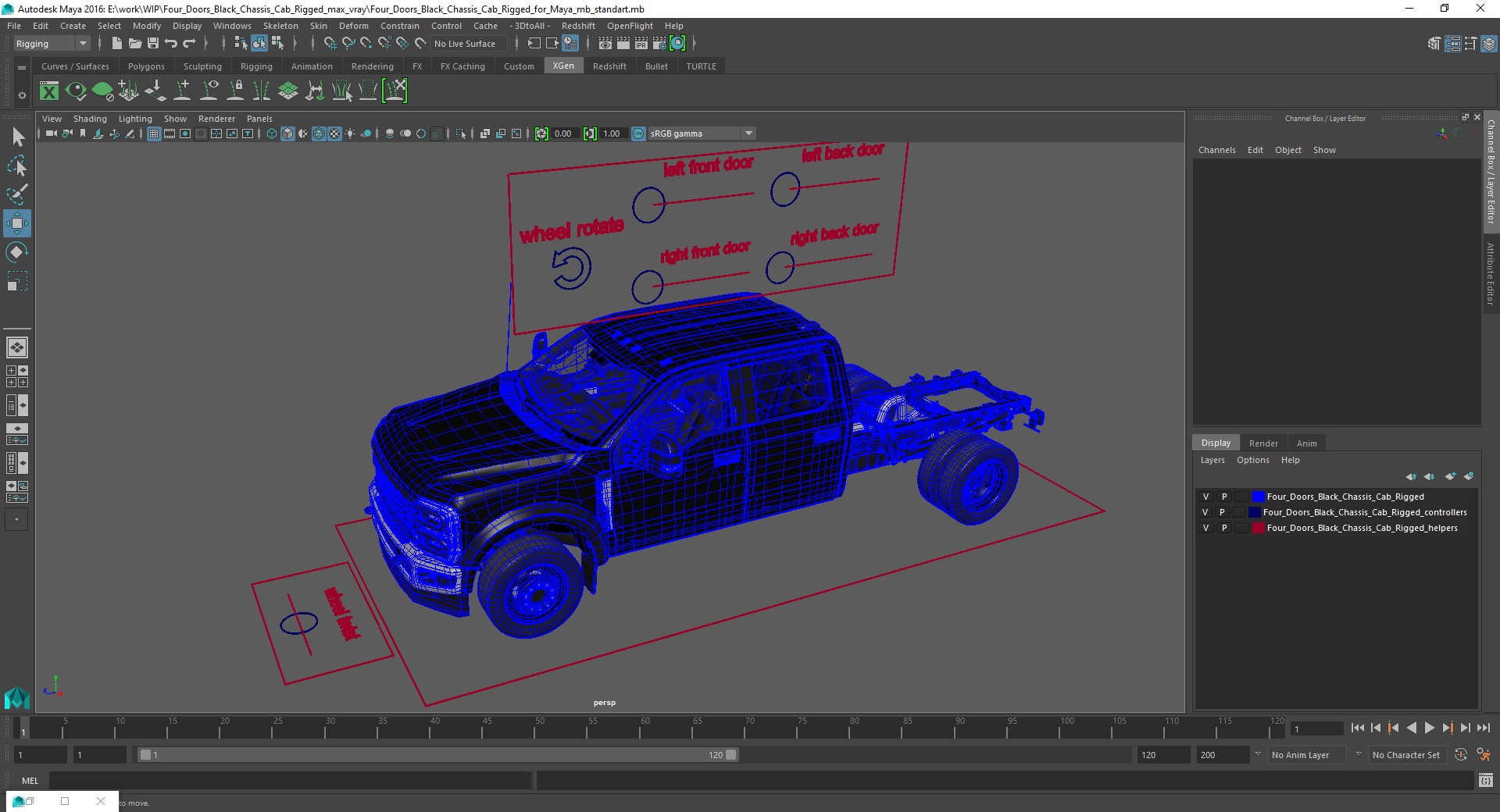 Four Doors Black Chassis Cab Rigged for Maya 3D model