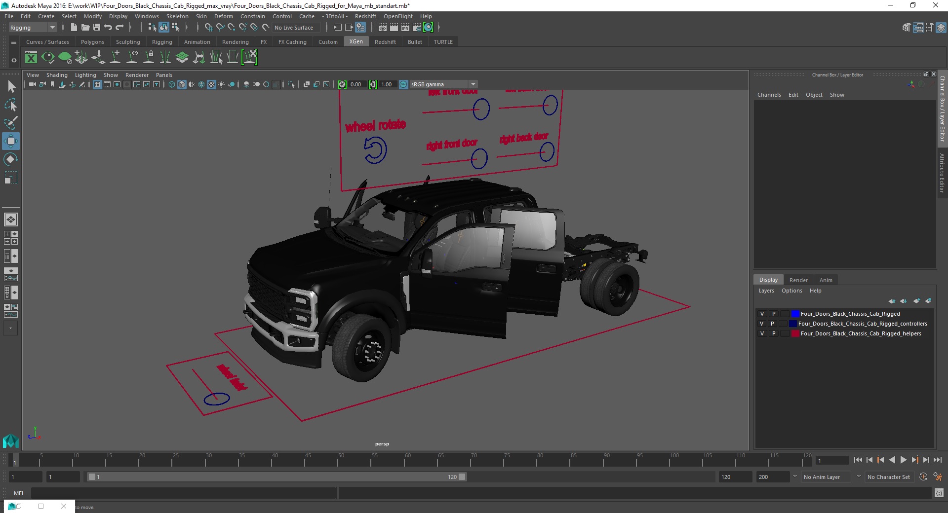 Four Doors Black Chassis Cab Rigged for Maya 3D model