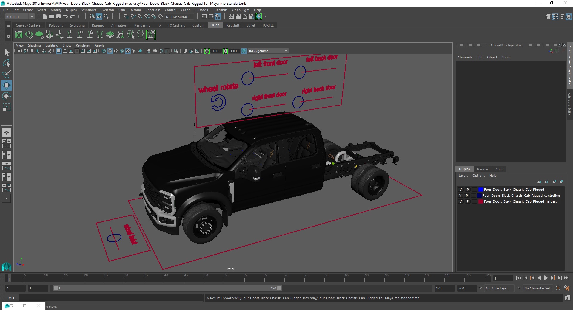 Four Doors Black Chassis Cab Rigged for Maya 3D model