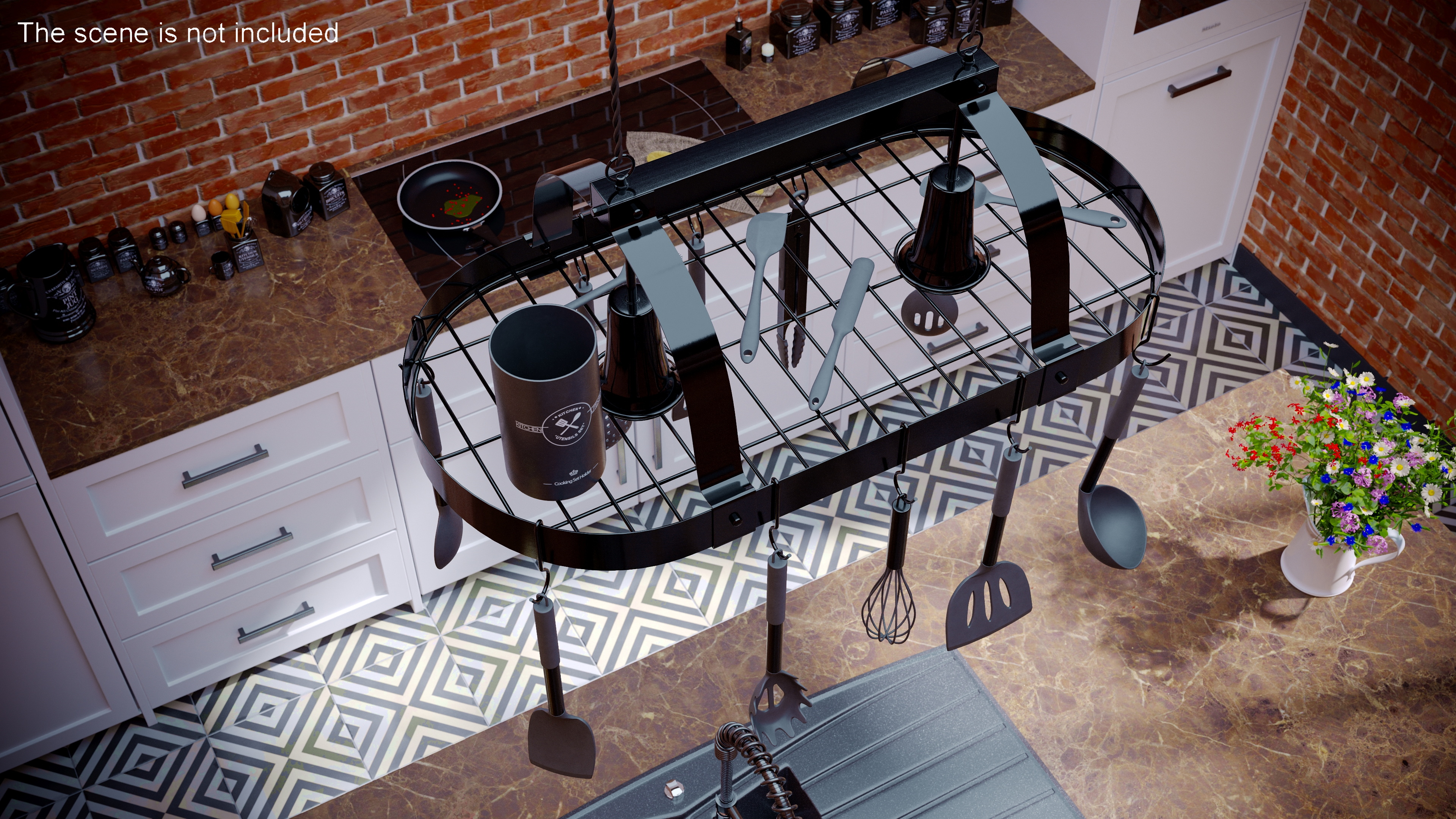 3D Ceiling Kitchen Pot Rack with Cooking Utensils