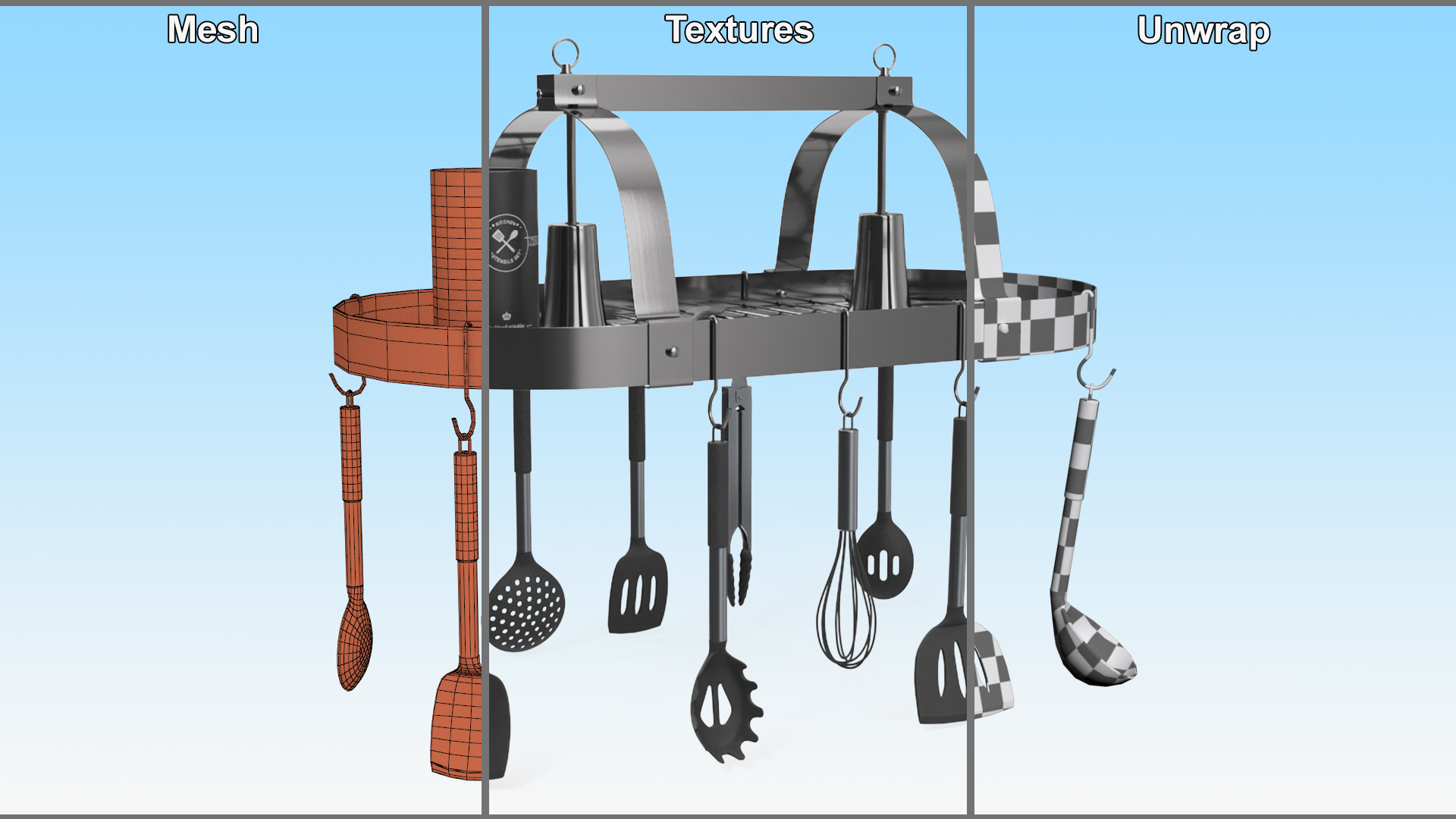 3D Ceiling Kitchen Pot Rack with Cooking Utensils