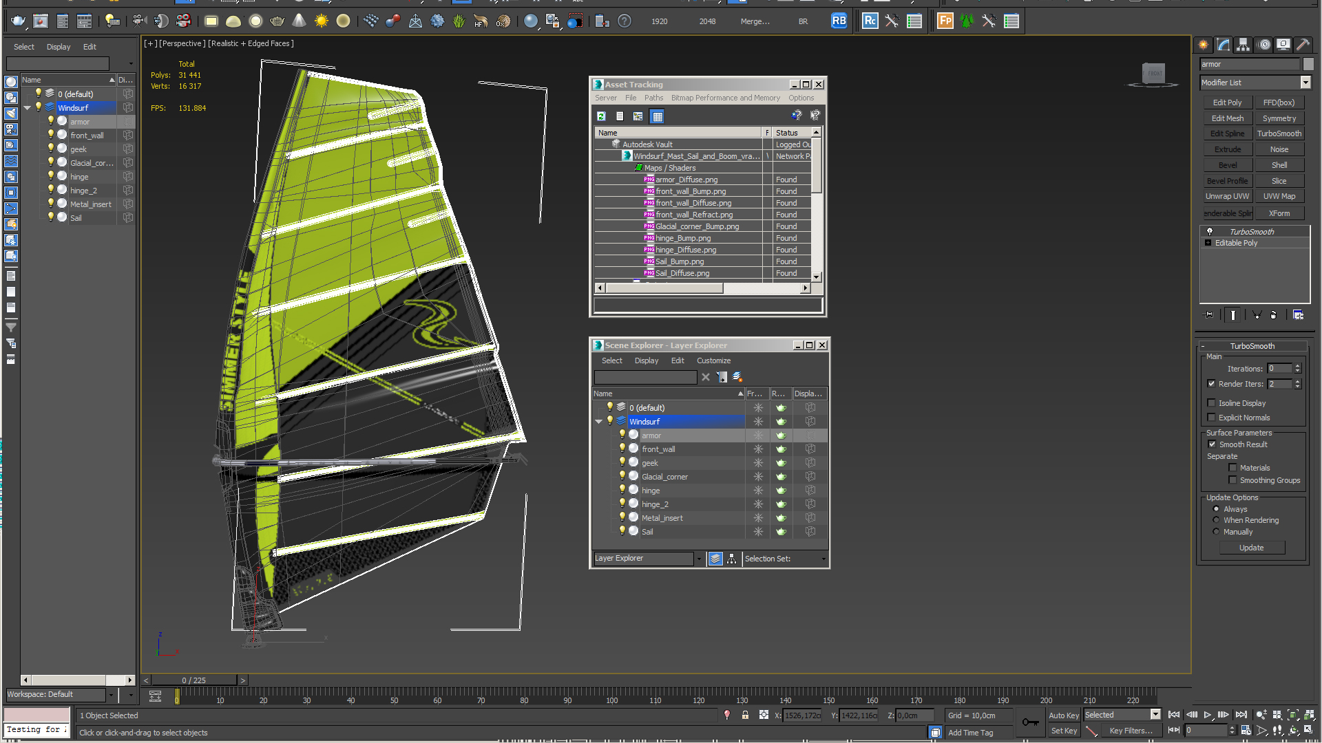 Windsurf Mast Sail and Boom 3D