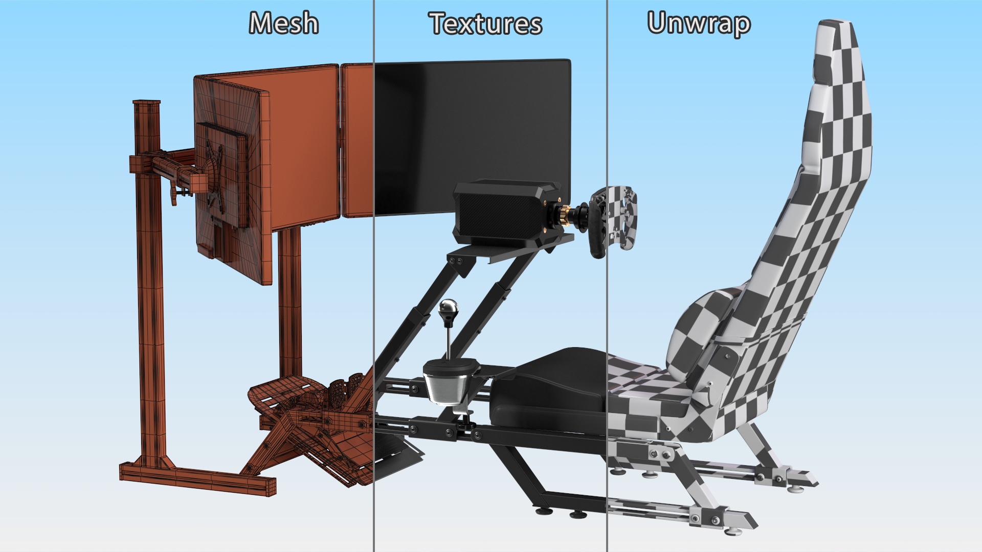 3D model GT Racing Sim Gaming Setup with Monitors