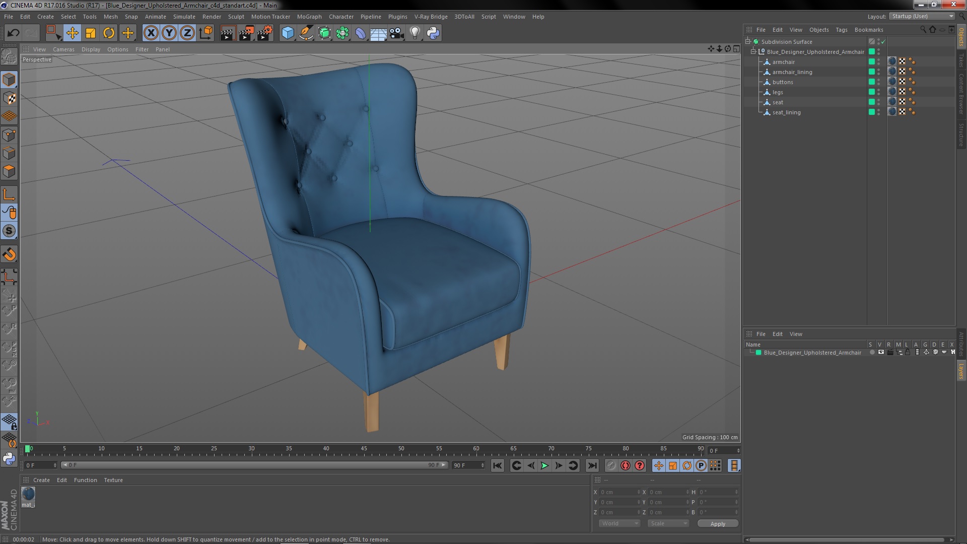 Blue Designer Upholstered Armchair 3D model