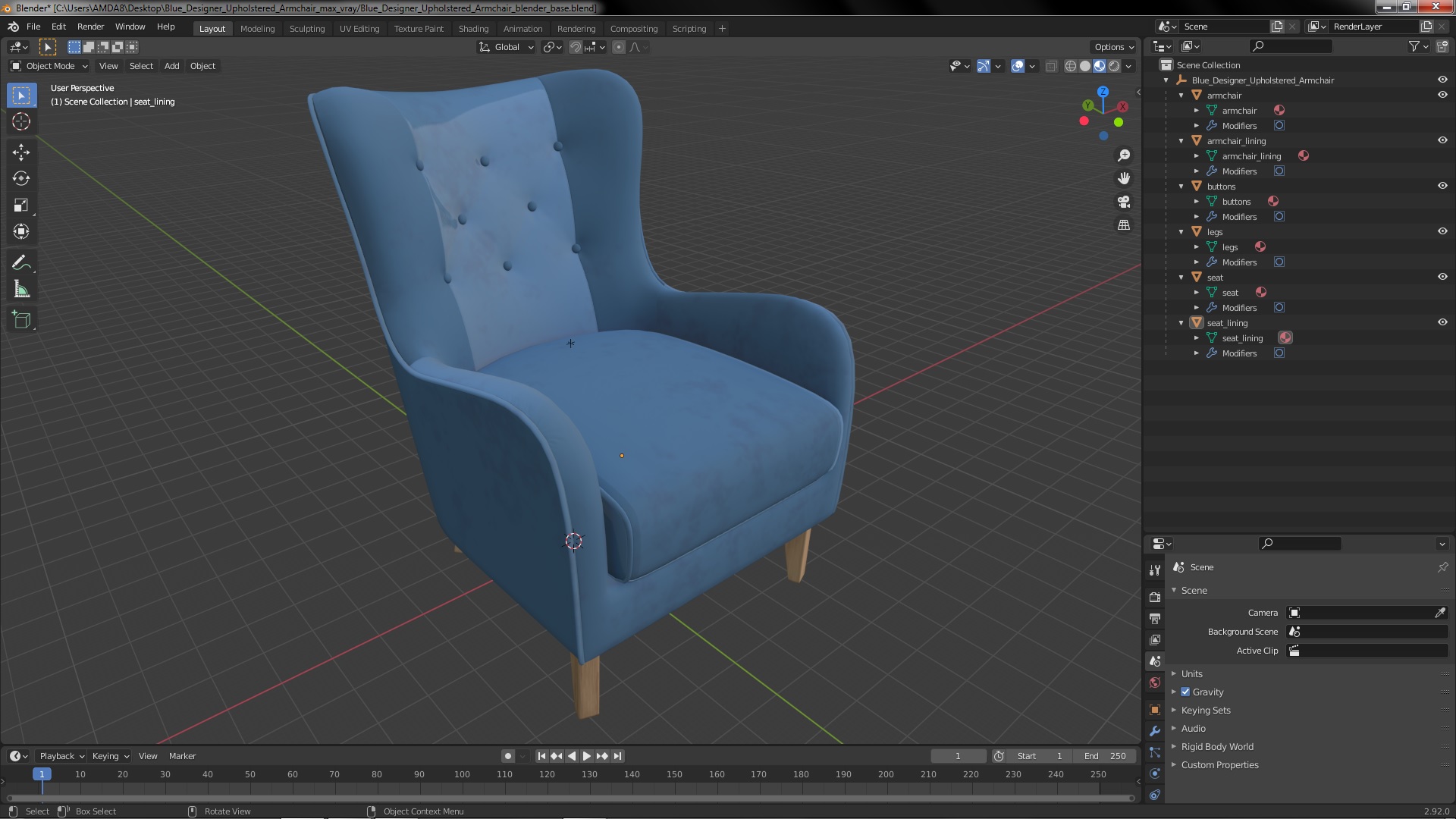 Blue Designer Upholstered Armchair 3D model