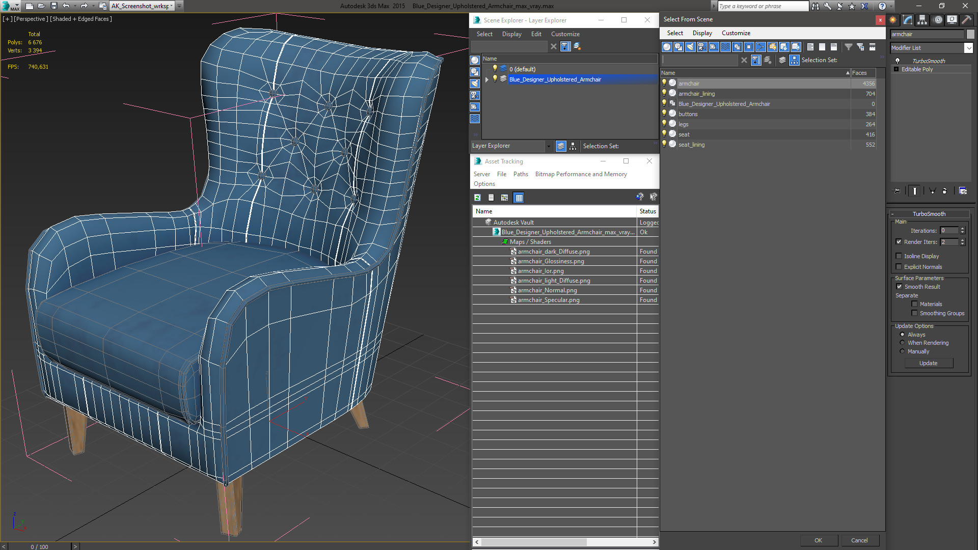 Blue Designer Upholstered Armchair 3D model