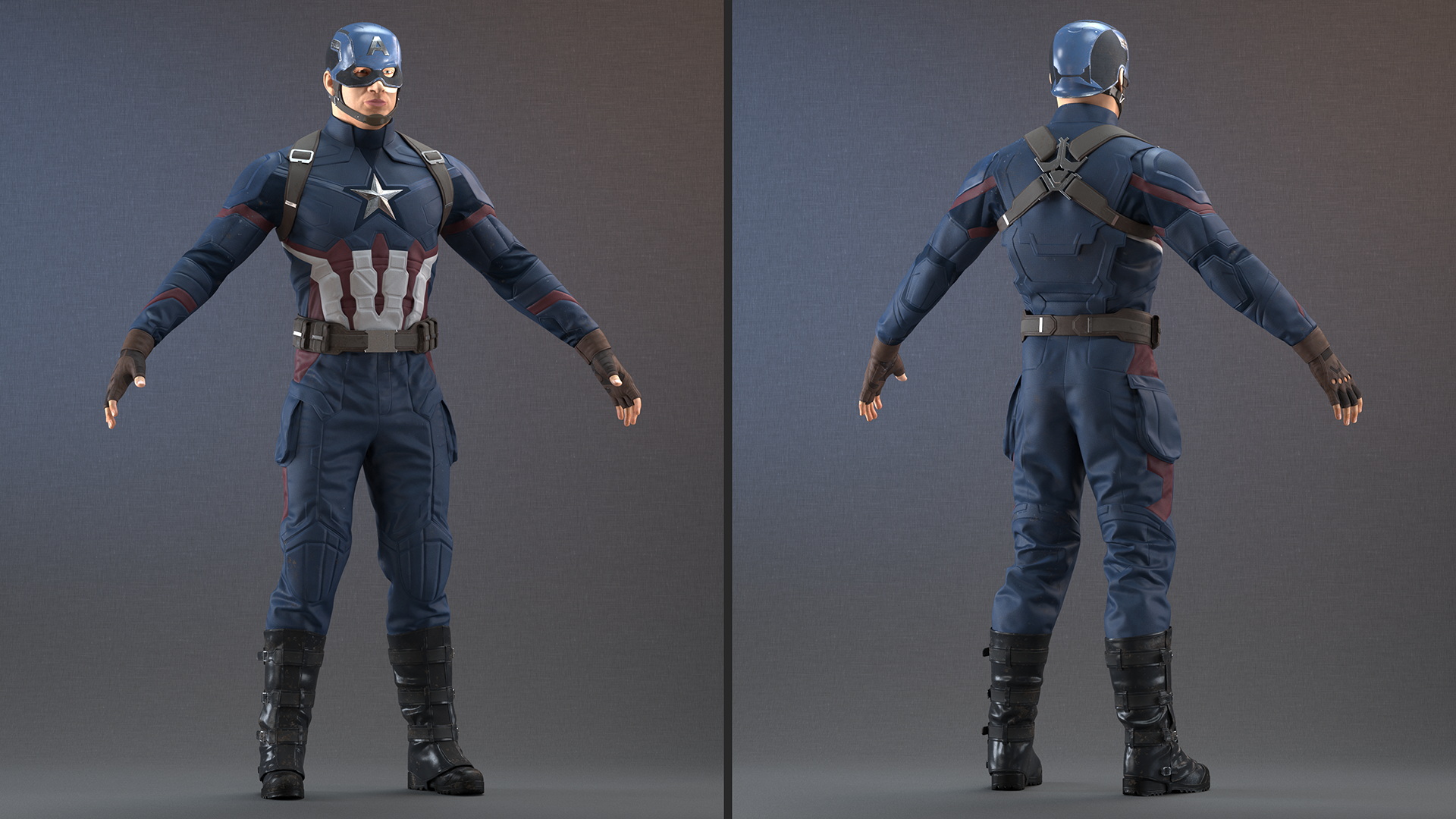3D Character Captain America in Shabby Suit Rigged for Maya