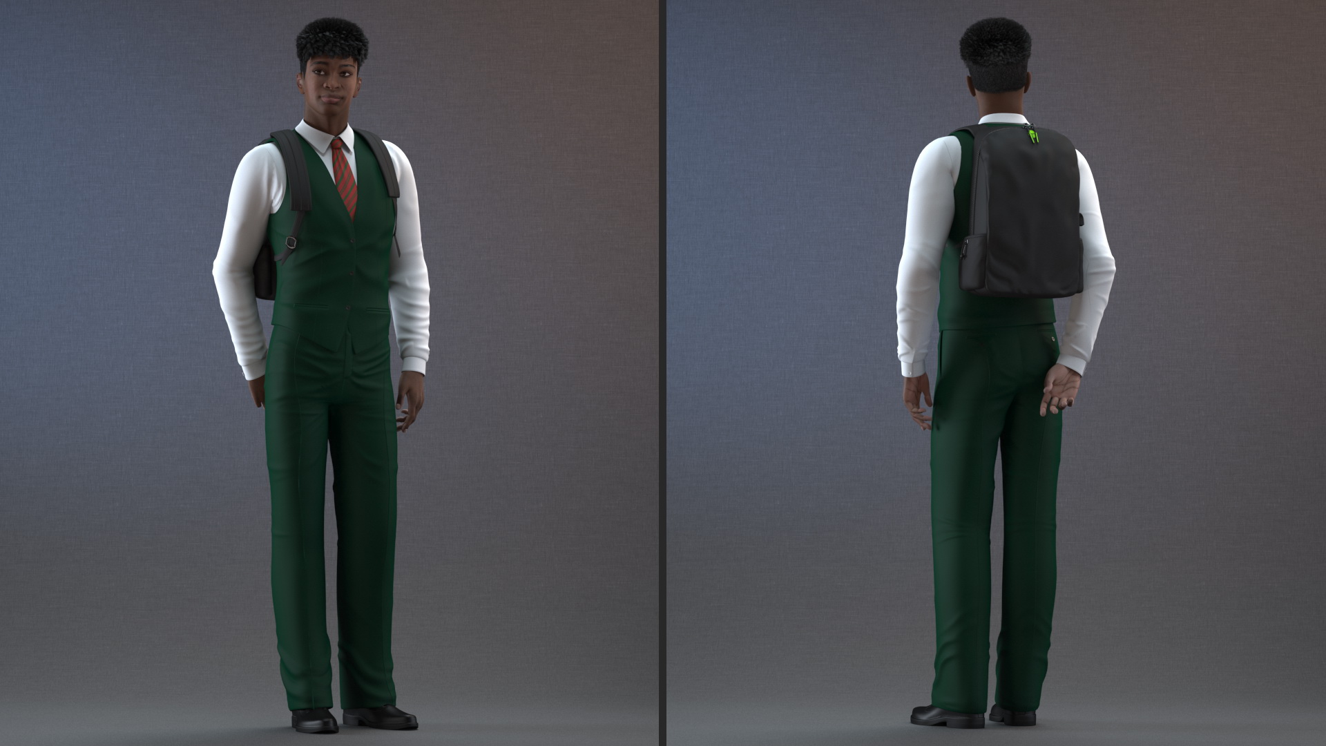 3D Black Teenager Dark Skin School Uniform Standing Pose model