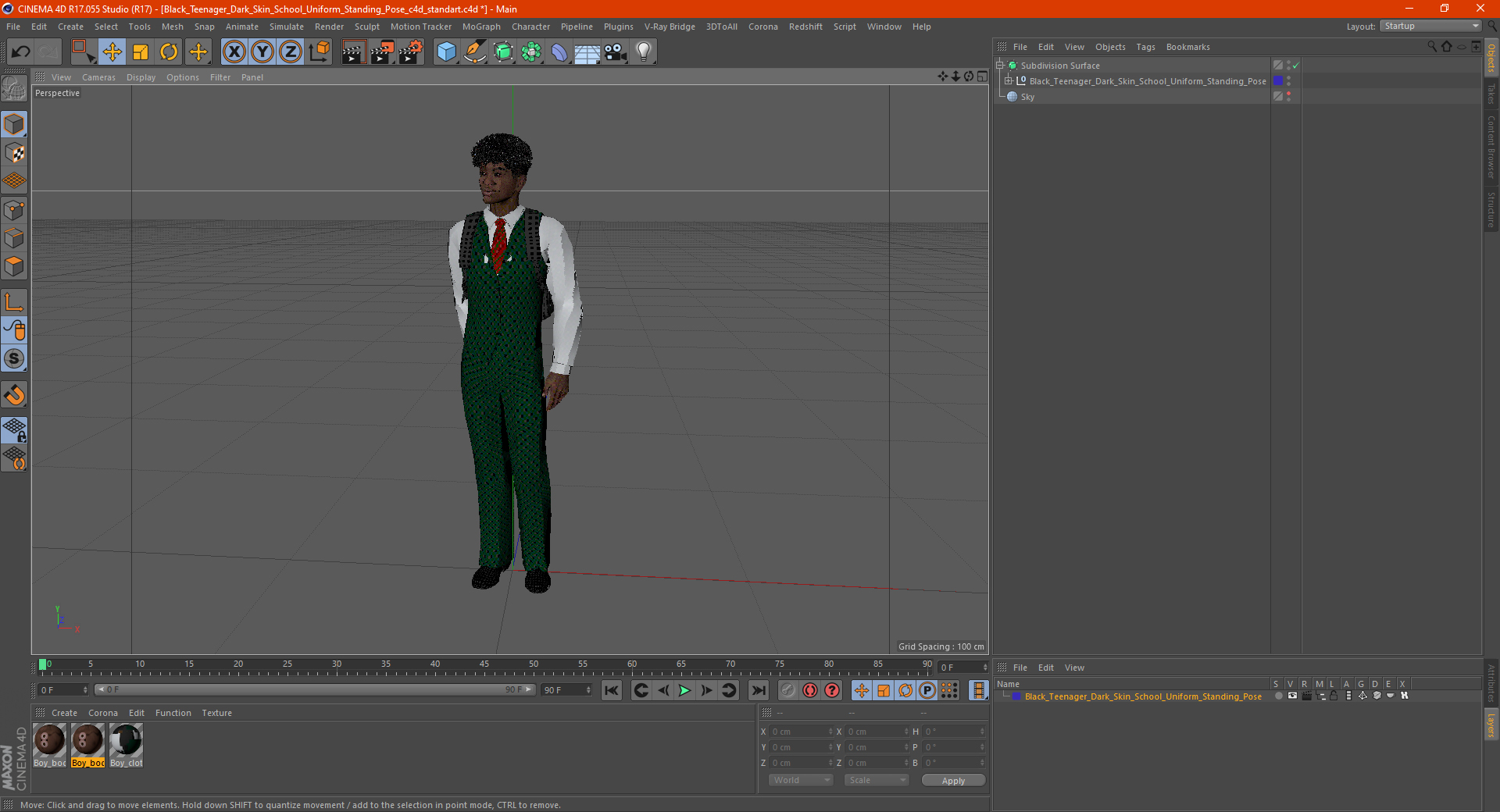 3D Black Teenager Dark Skin School Uniform Standing Pose model